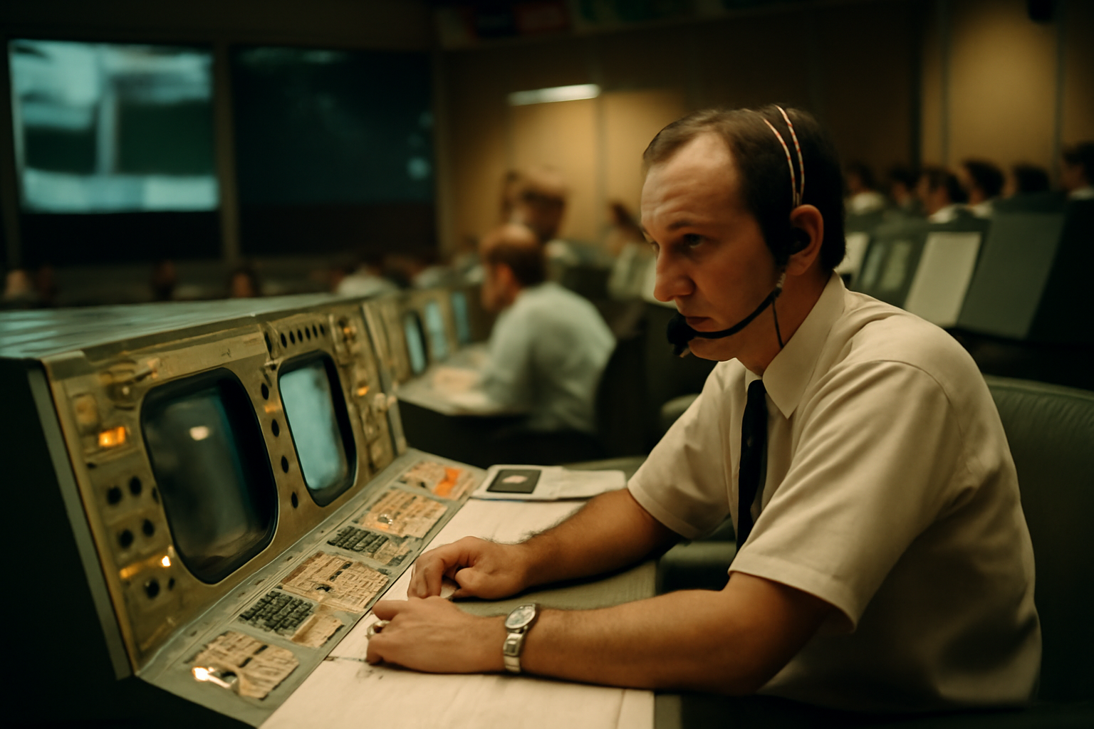 NASA flight director seated at a Mission Control console during the Apollo era