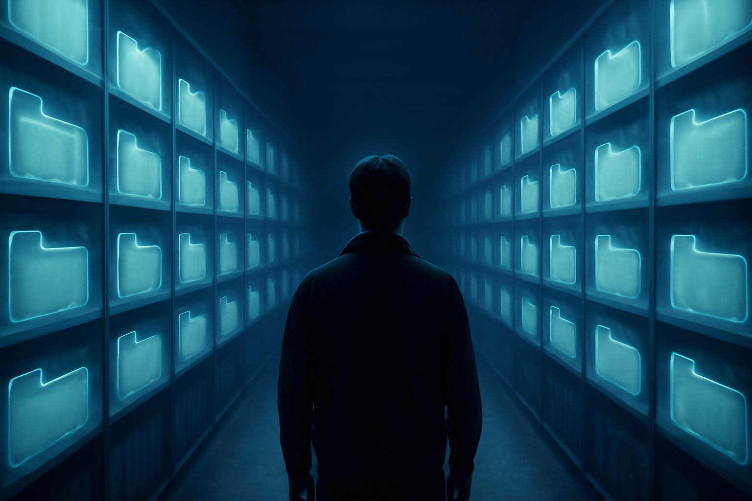 A human silhouette standing at the entrance of a long corridor lined with glowing archival file icons receding into darkness