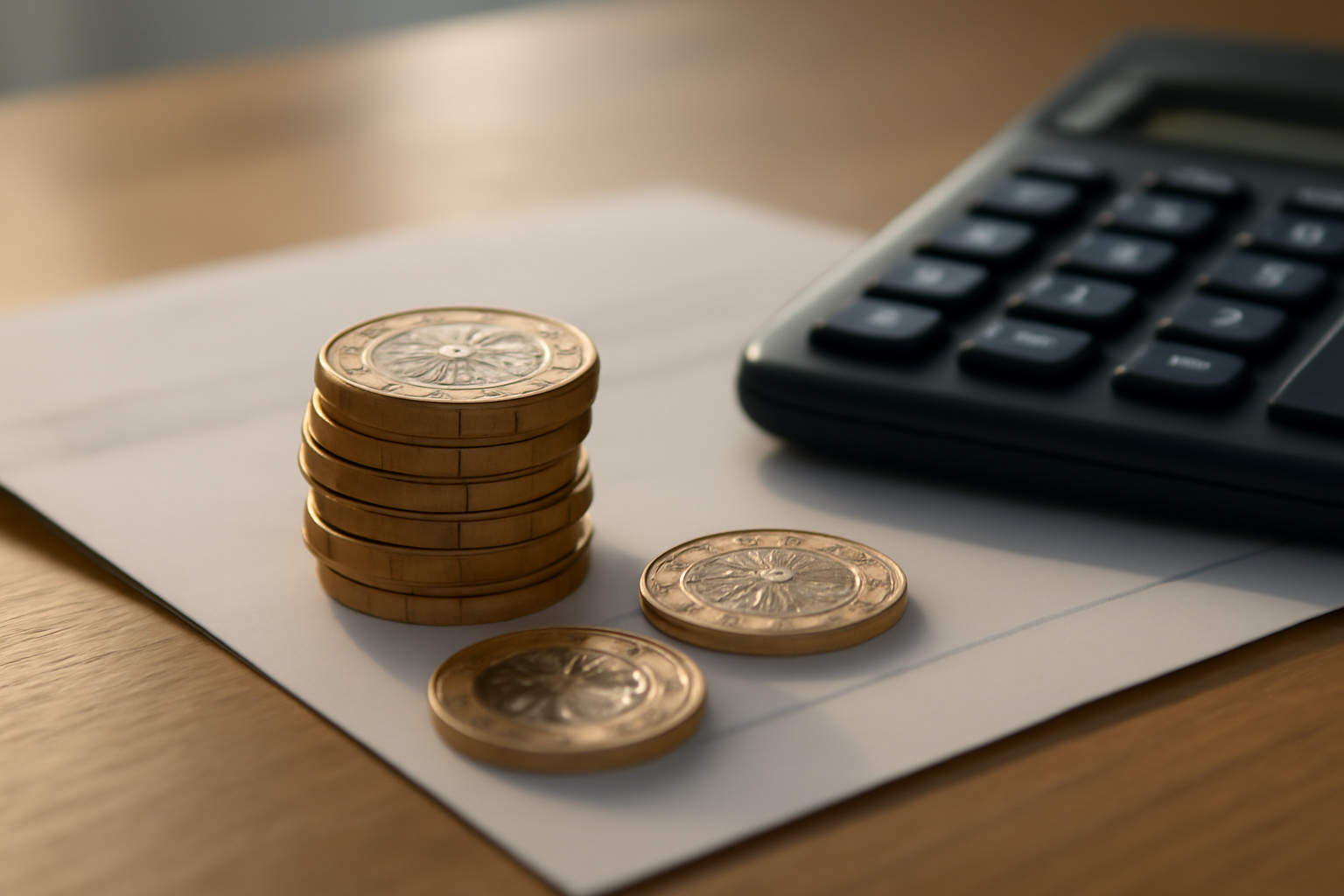 A payslip and British pound coins on a desk beside a calculator