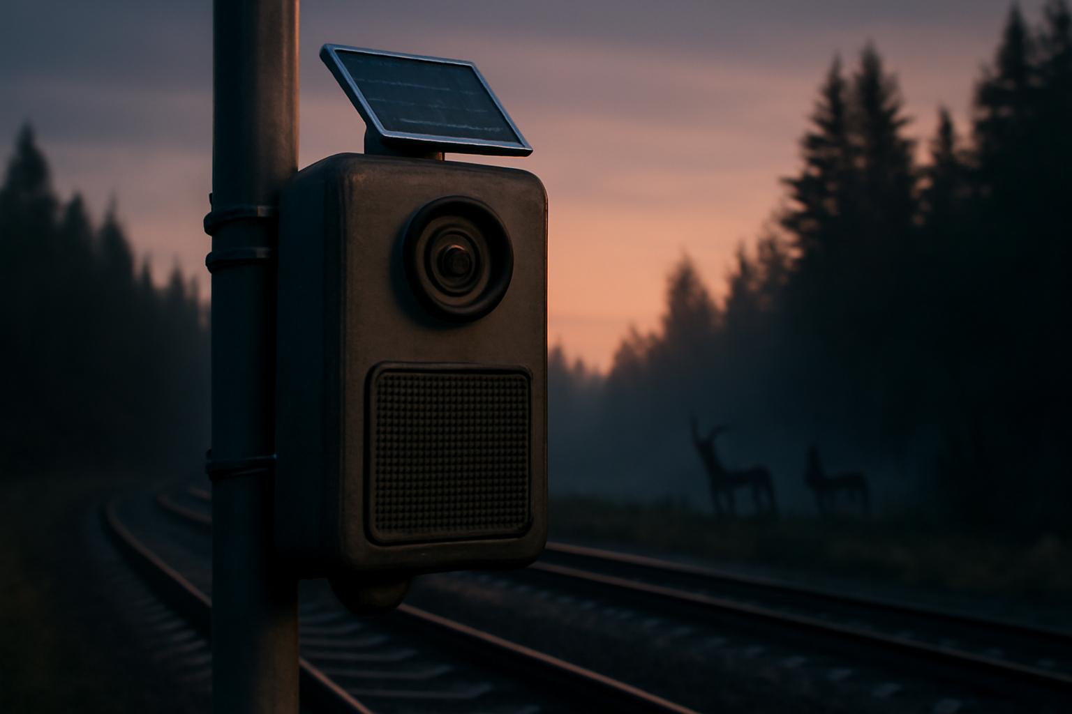 An edge AI sensor device mounted near railway tracks scanning for wildlife in a forested area