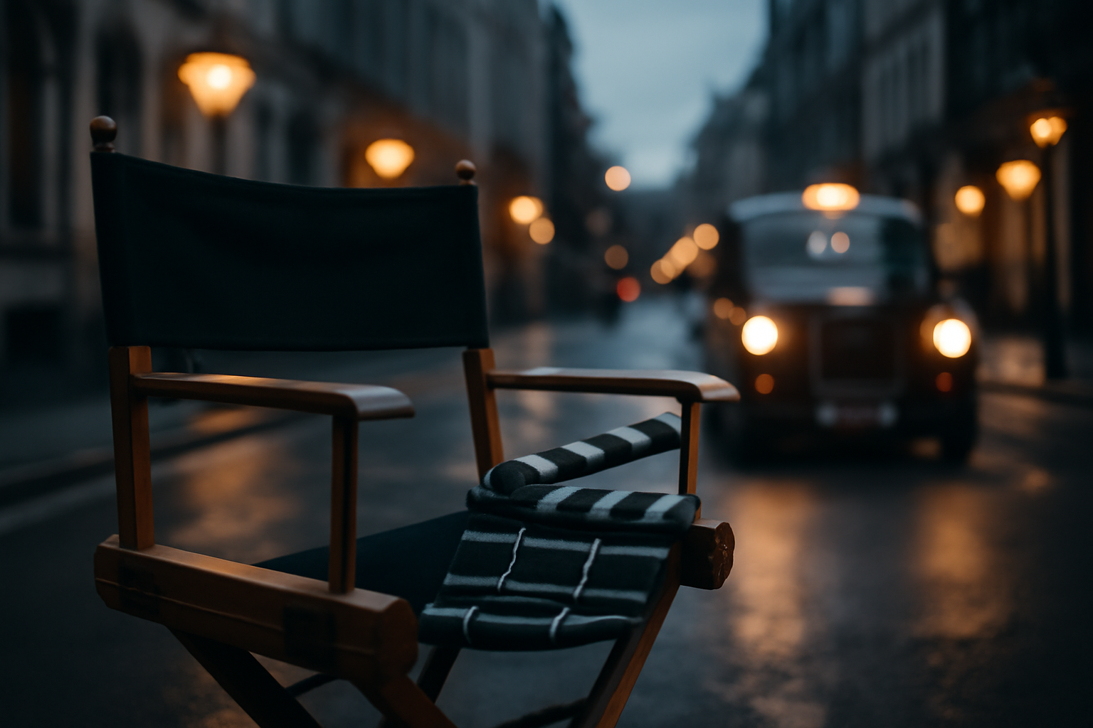 Director's chair and clapperboard on a London film set evoking a British crime drama production