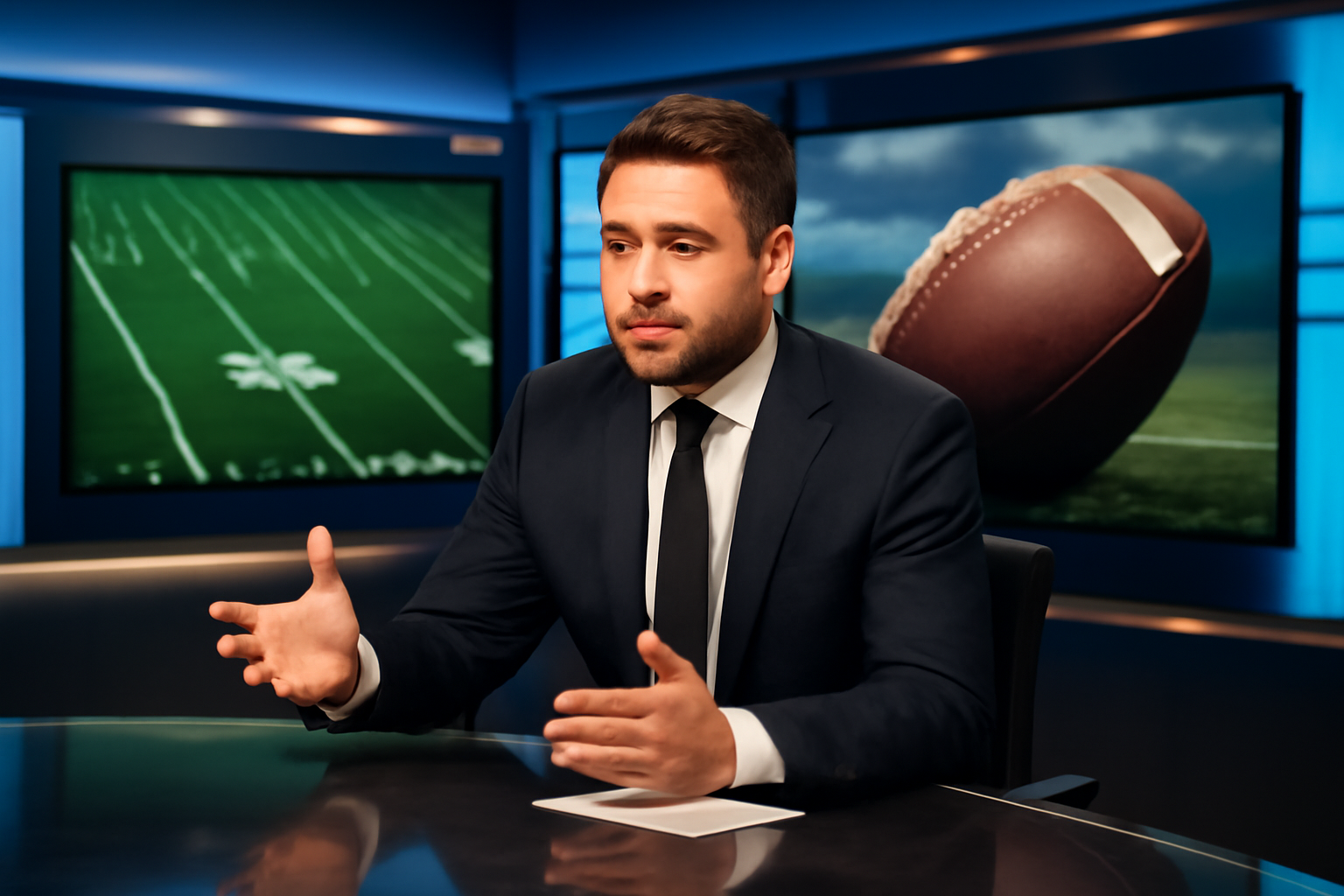 Television sports analyst gesturing emphatically at a studio desk during a live debate segment