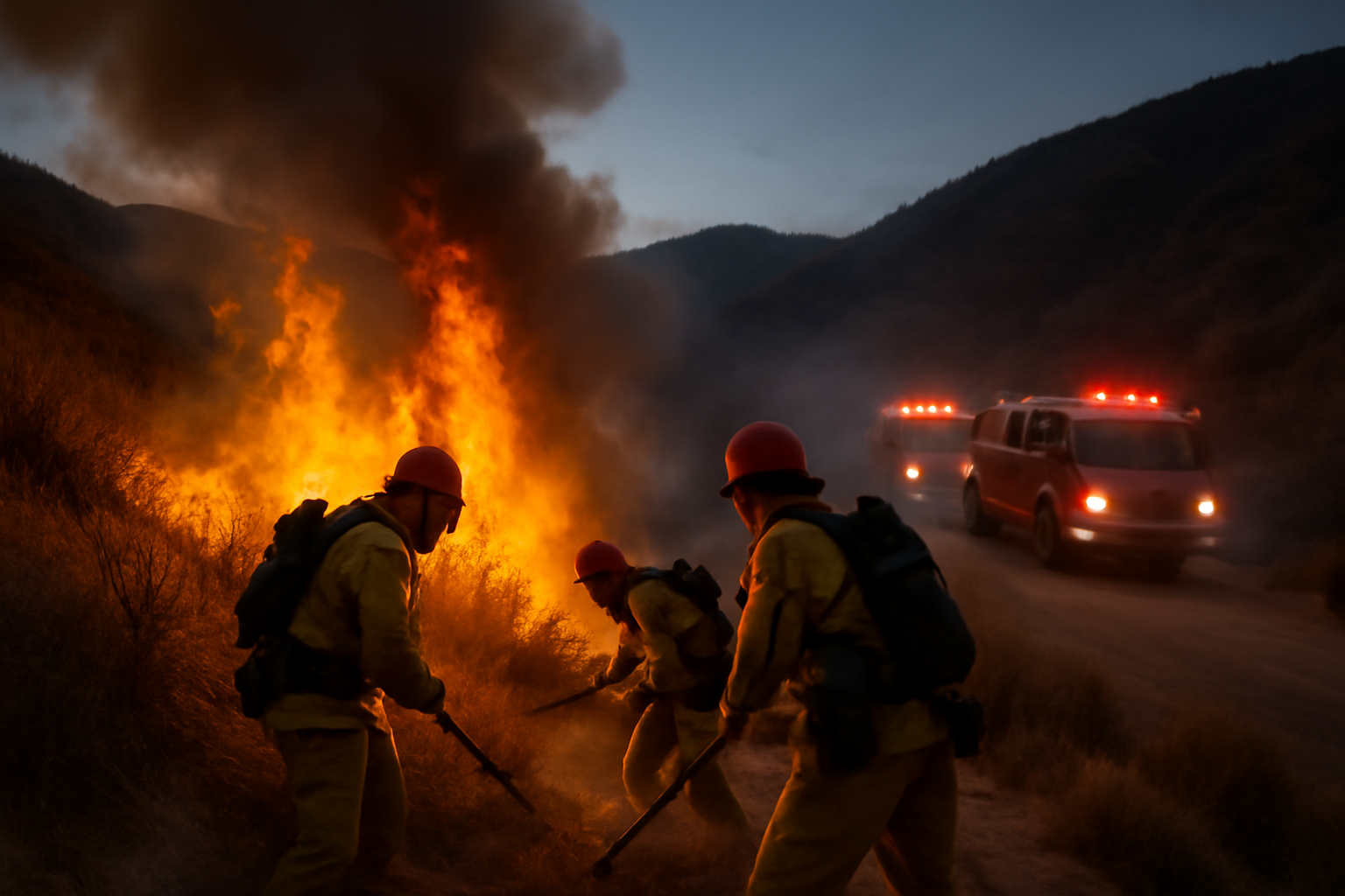 Firefighters battling the Bryson Fire in the hills above Malibu, California