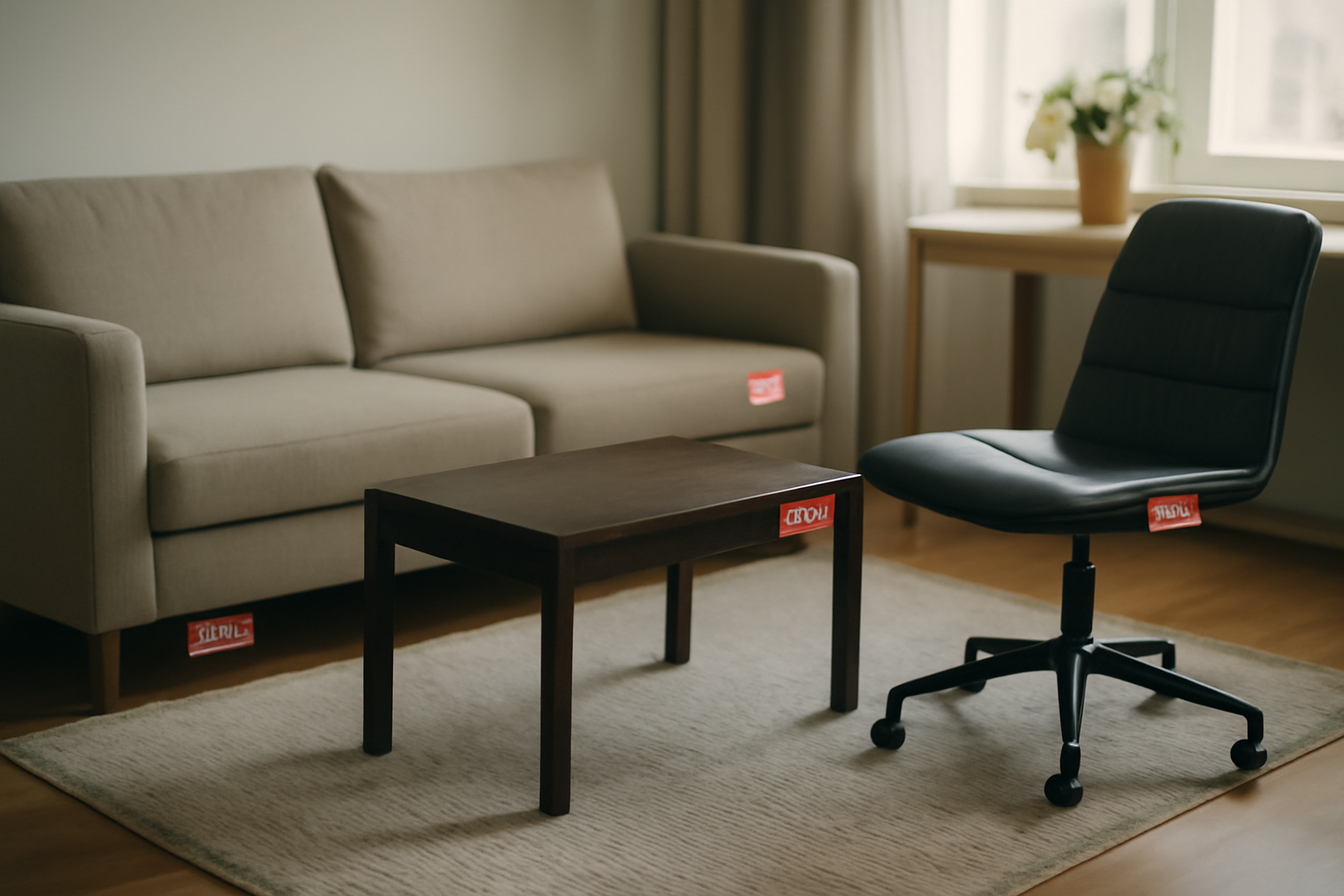 Flat-lay of furniture price tags showing discount percentages beside a laptop displaying an online furniture store
