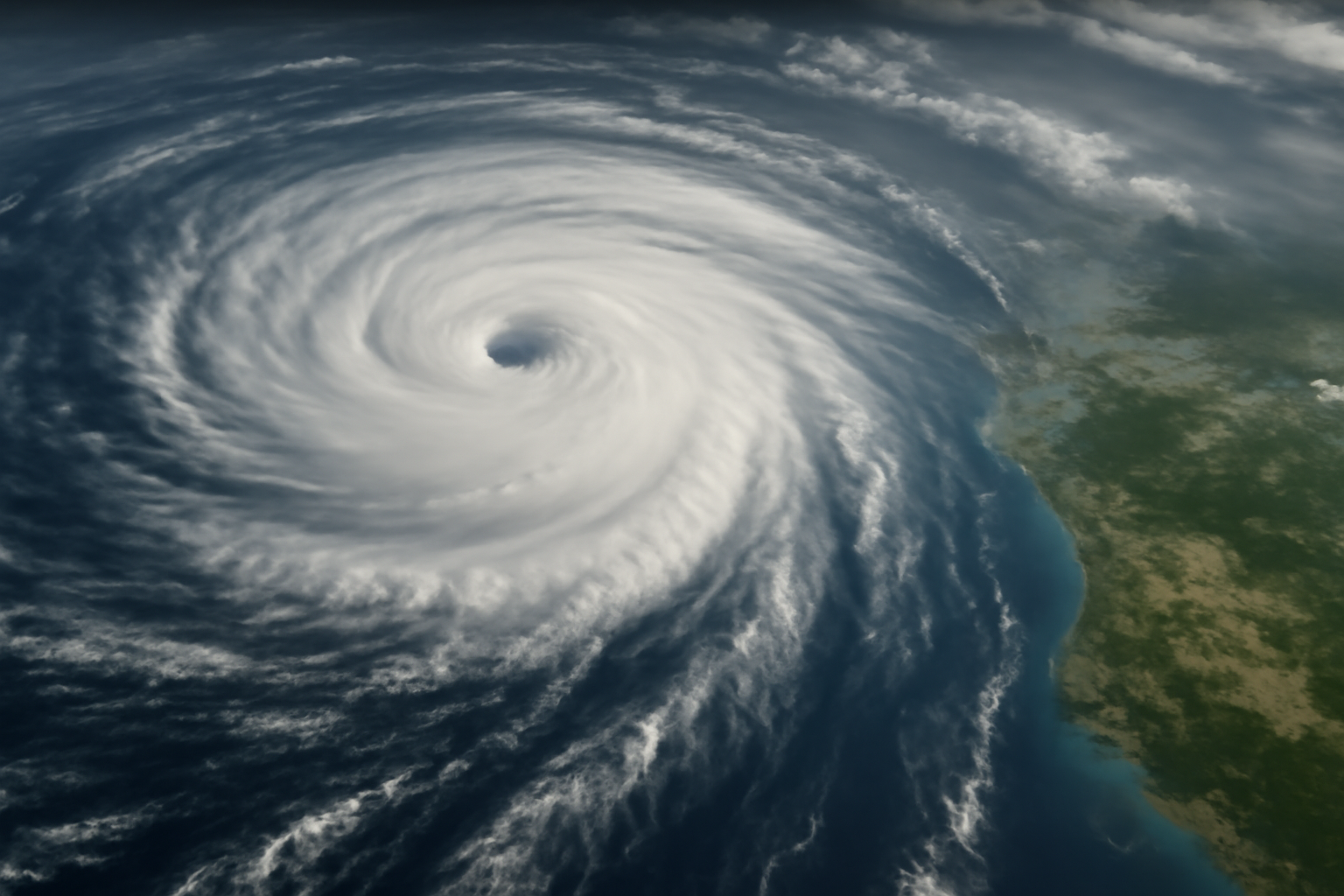 Satellite view of a large Category 4 hurricane with a defined eye spinning over open ocean near a coastline