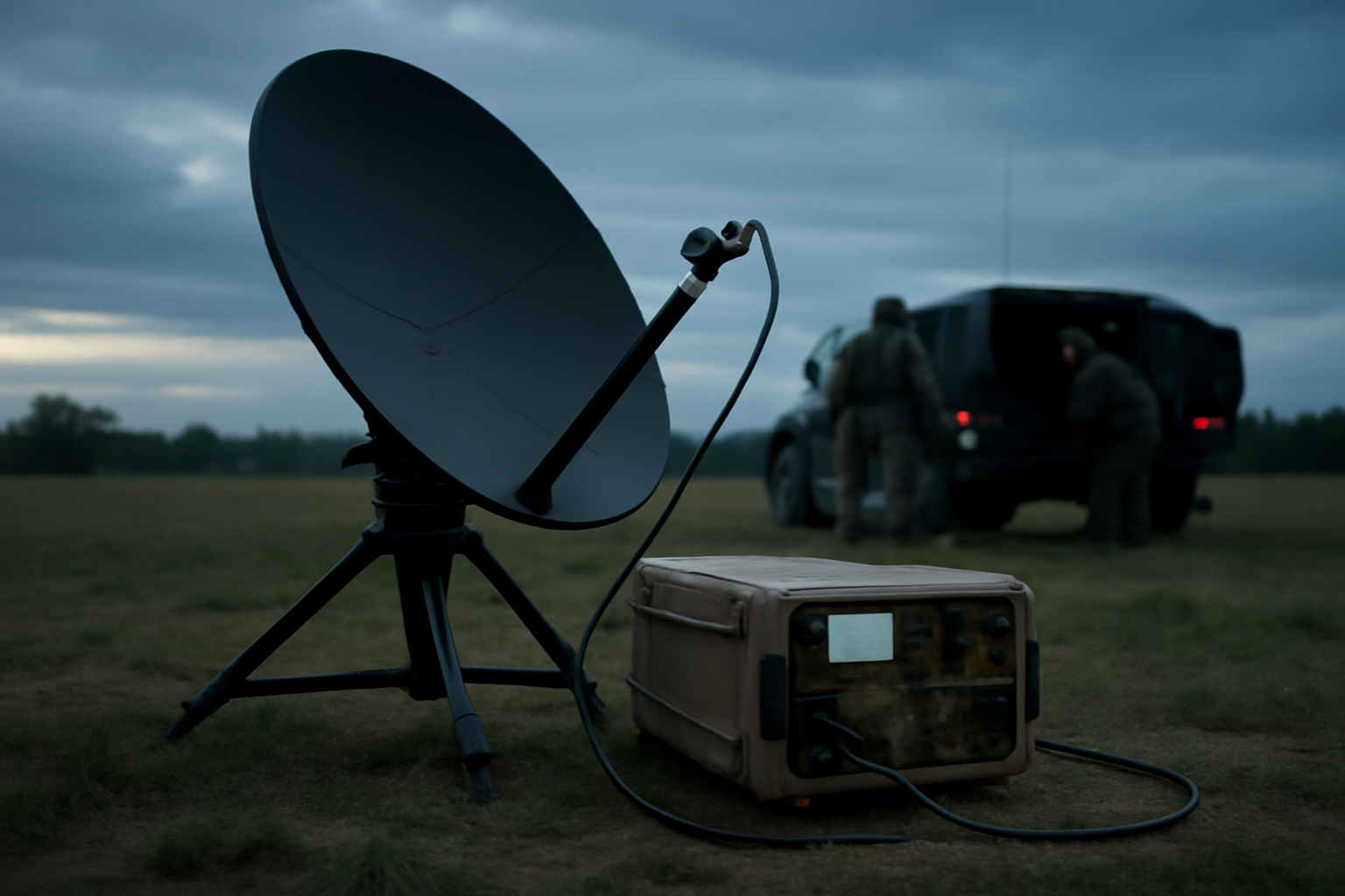 Satellite dish and military communications antenna against a dusk sky near a conflict zone