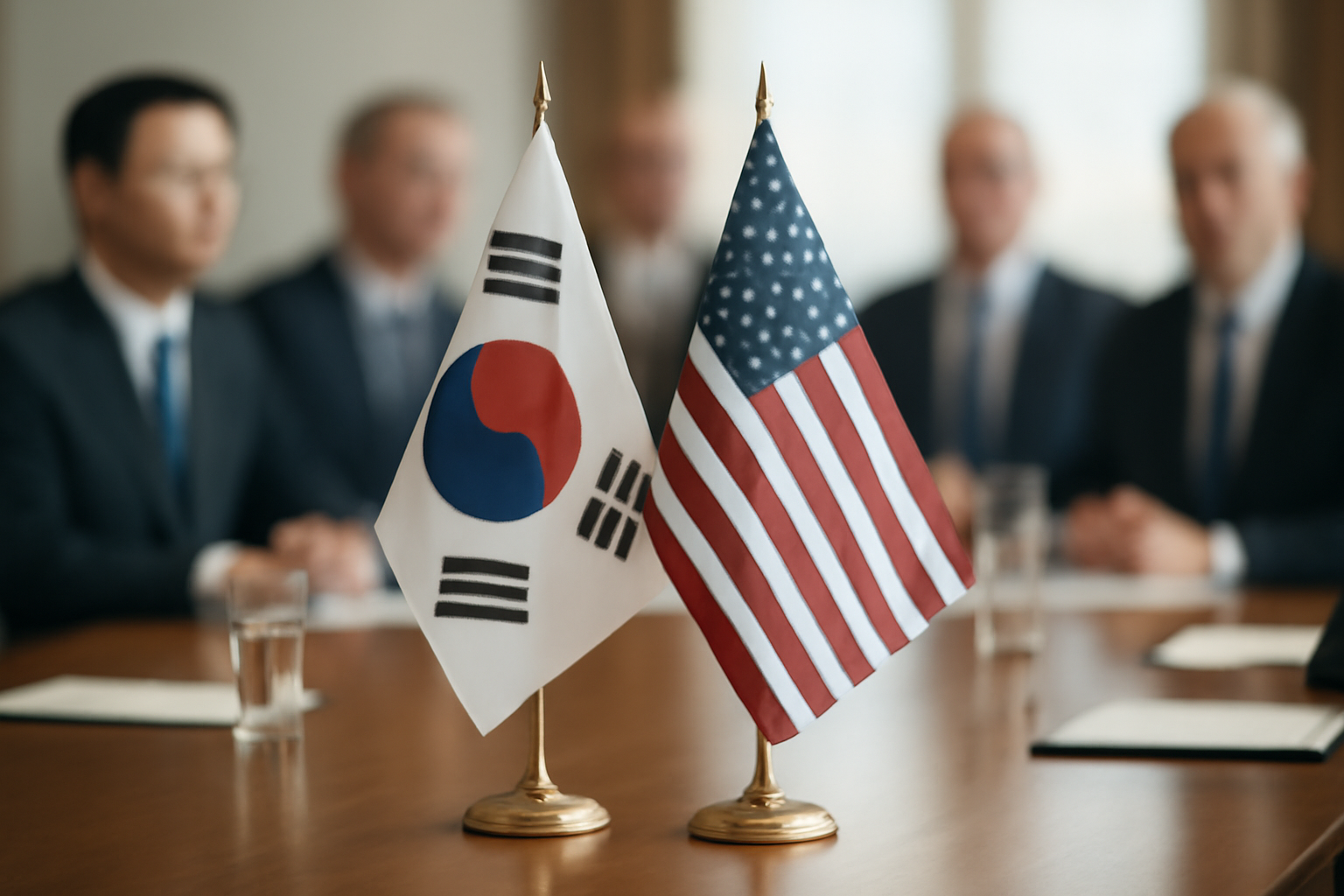 South Korean and American flags displayed together at a diplomatic meeting table