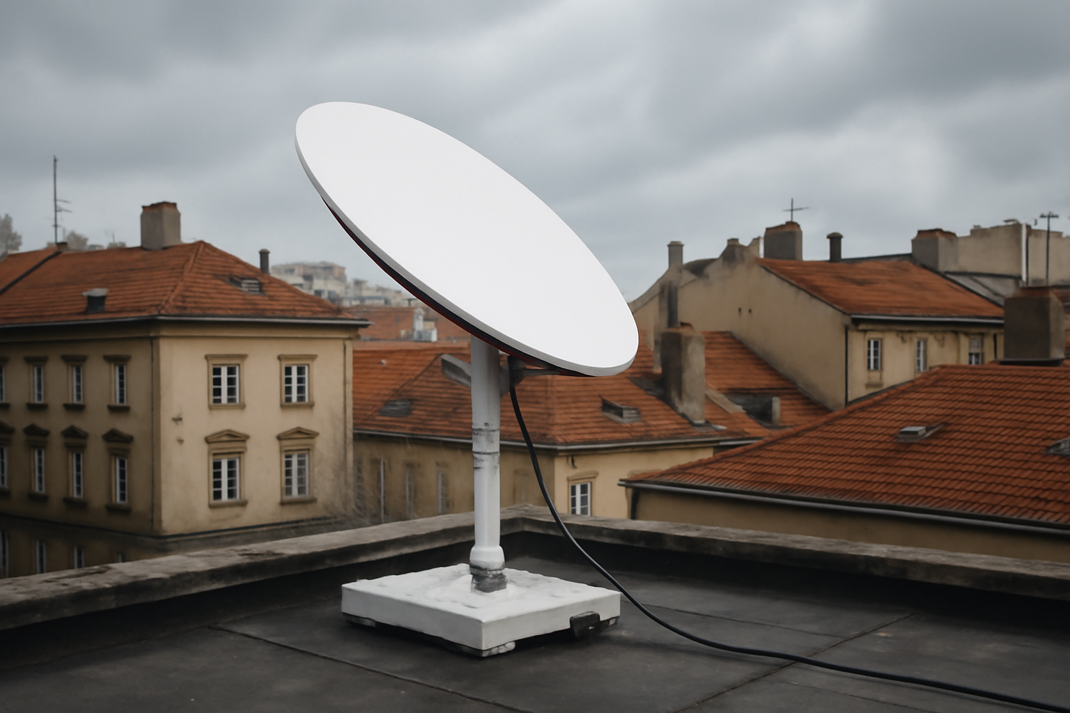 Satellite dish mounted on a building rooftop against a cloudy sky