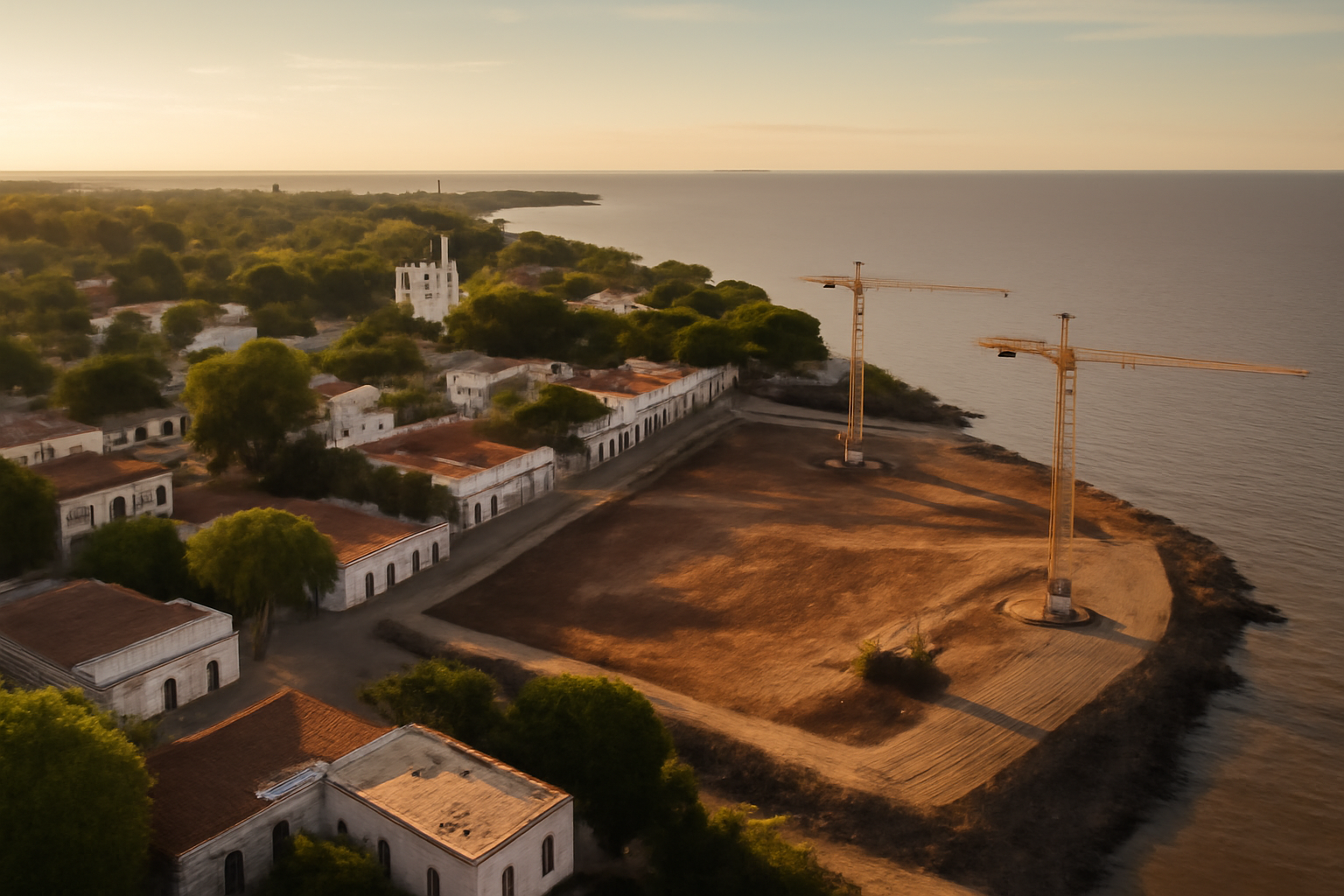 Aerial view of a coastal Uruguayan town with construction cranes near the waterfront under a clear sky