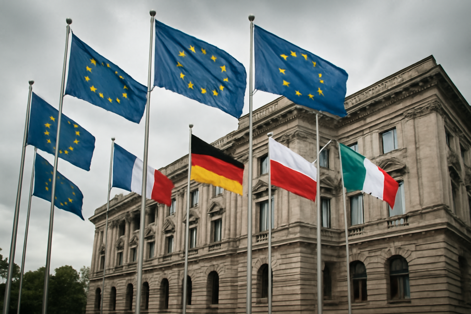 European Union and NATO flags outside a government building under overcast sky