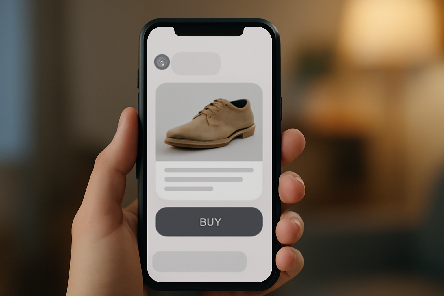 Smartphone screen showing an AI chat interface with a product listing and a buy button