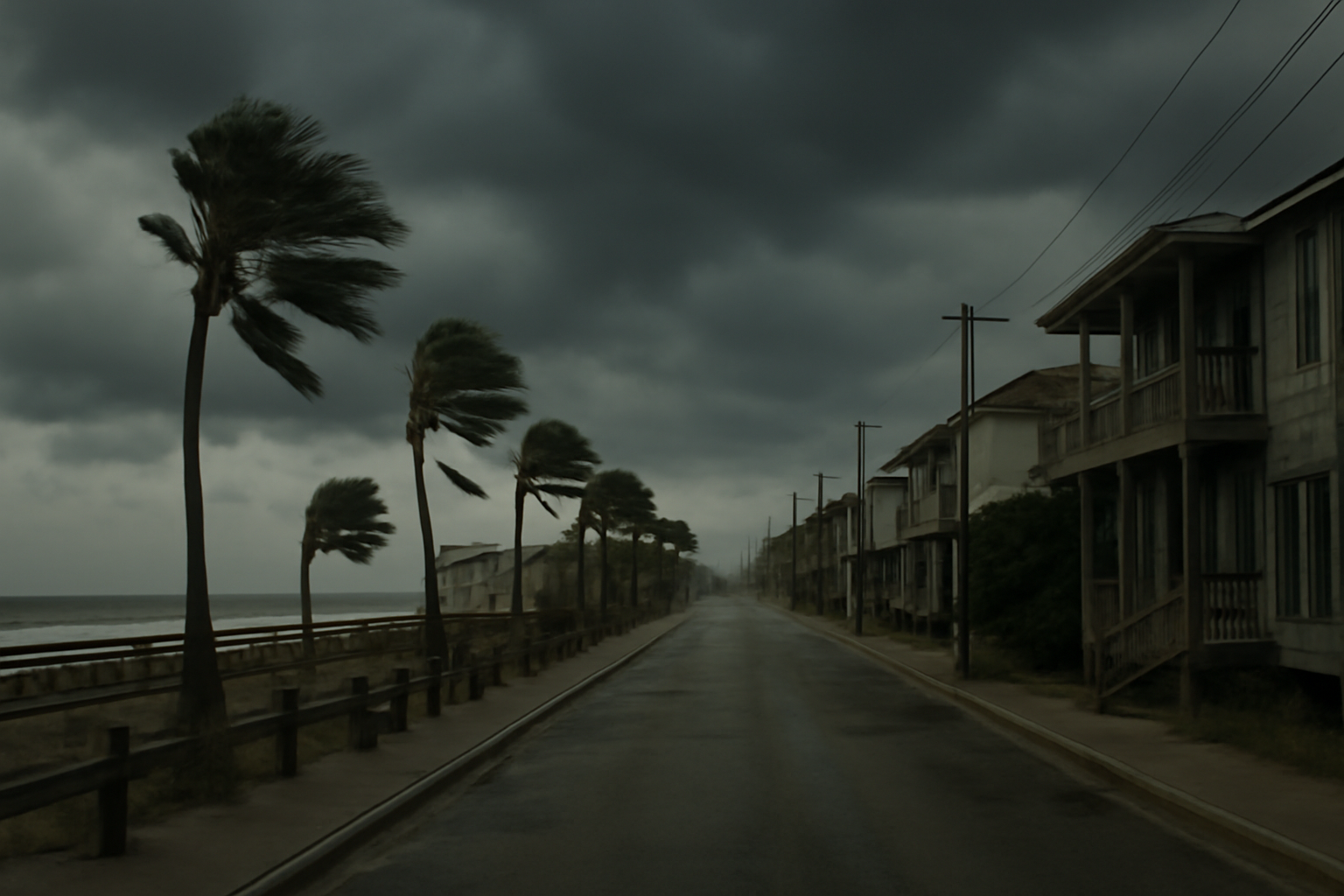 Storm clouds gathering over a Gulf Coast shoreline with an empty boardwalk