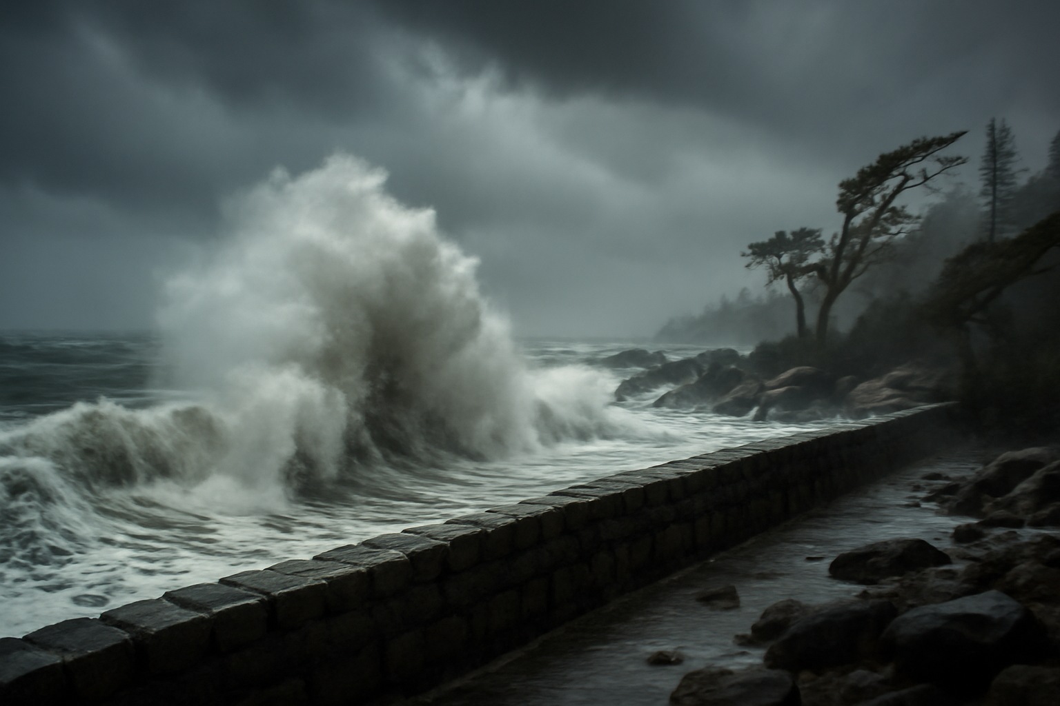 Waves crashing over a New England seawall under dark storm clouds with bent trees in the wind