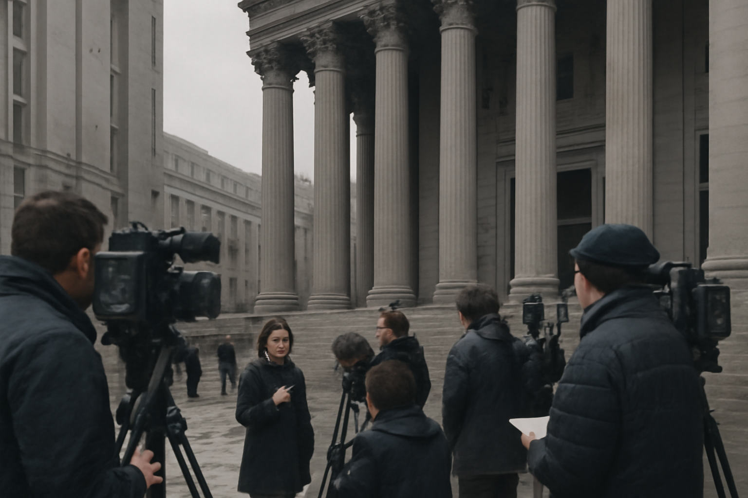 Courthouse exterior with press gathered outside during a high-profile sentencing hearing