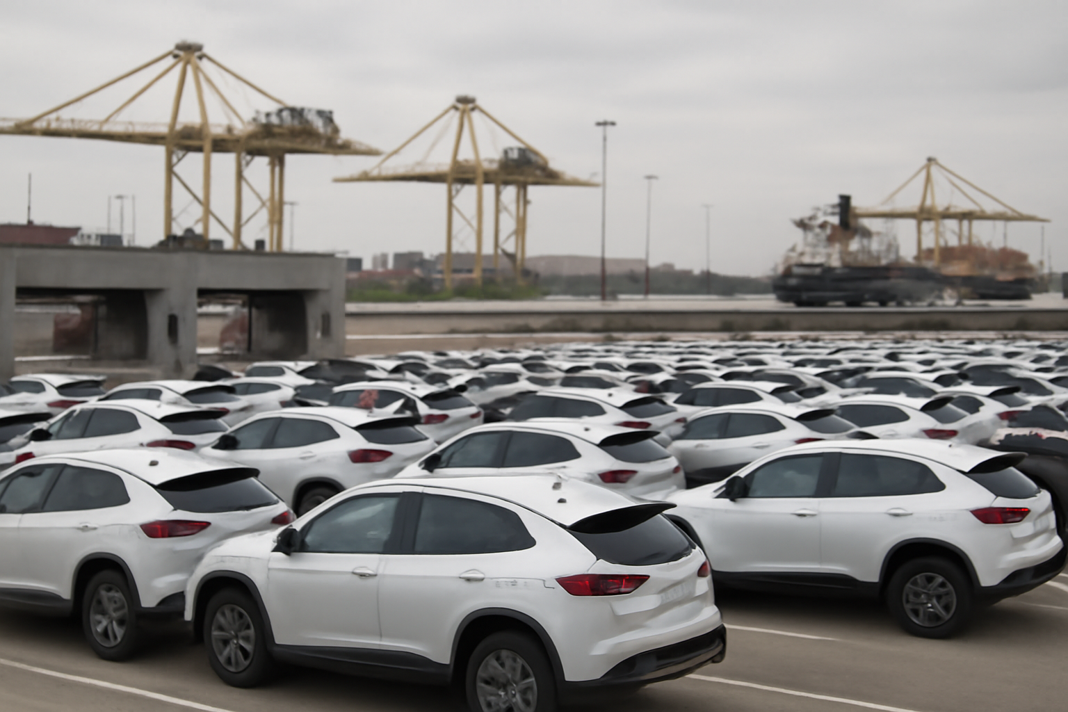 Rows of Chinese-made electric and hybrid vehicles parked at a European port awaiting customs clearance