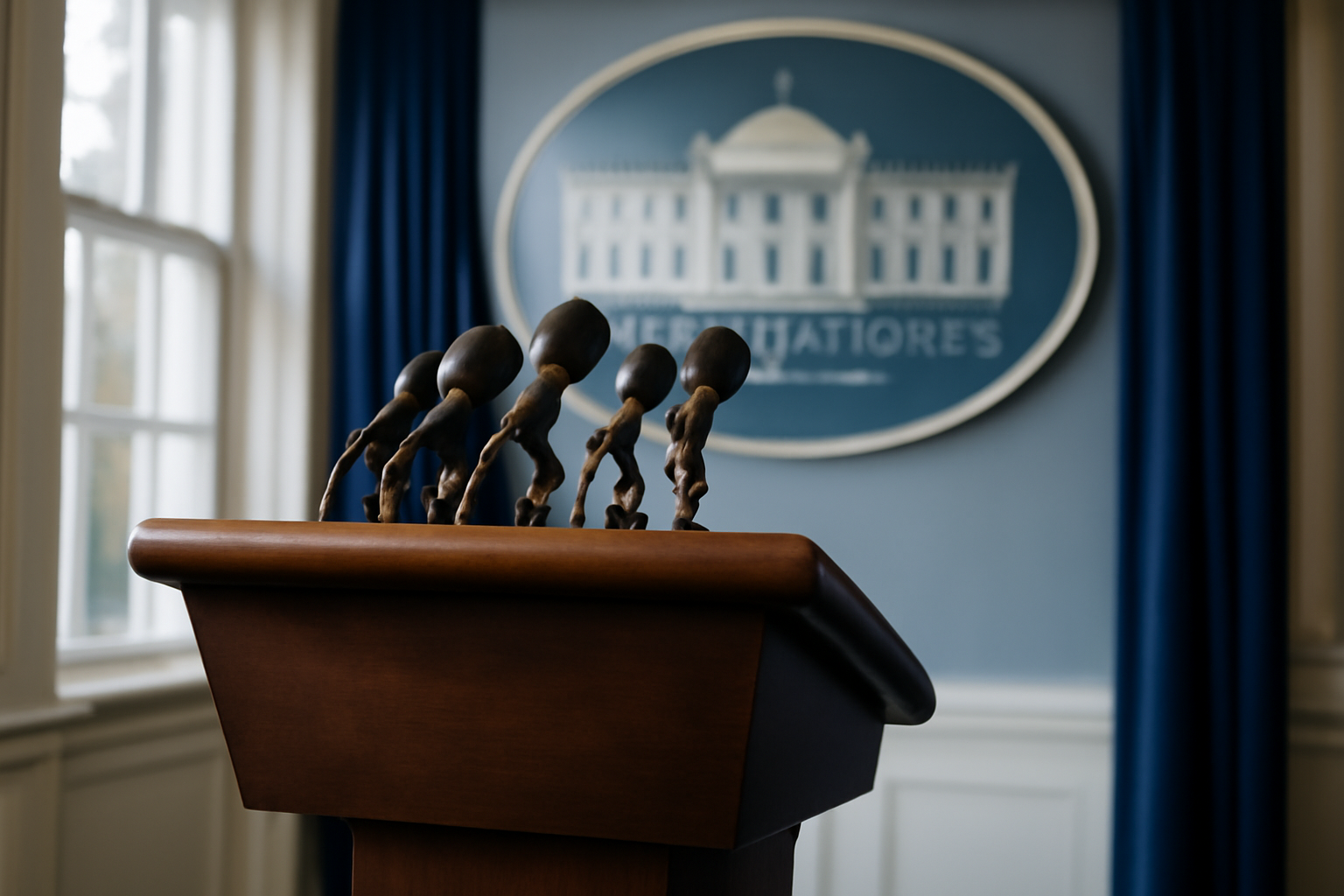 A lectern with microphones set up for a government press announcement, empty podium in soft daylight