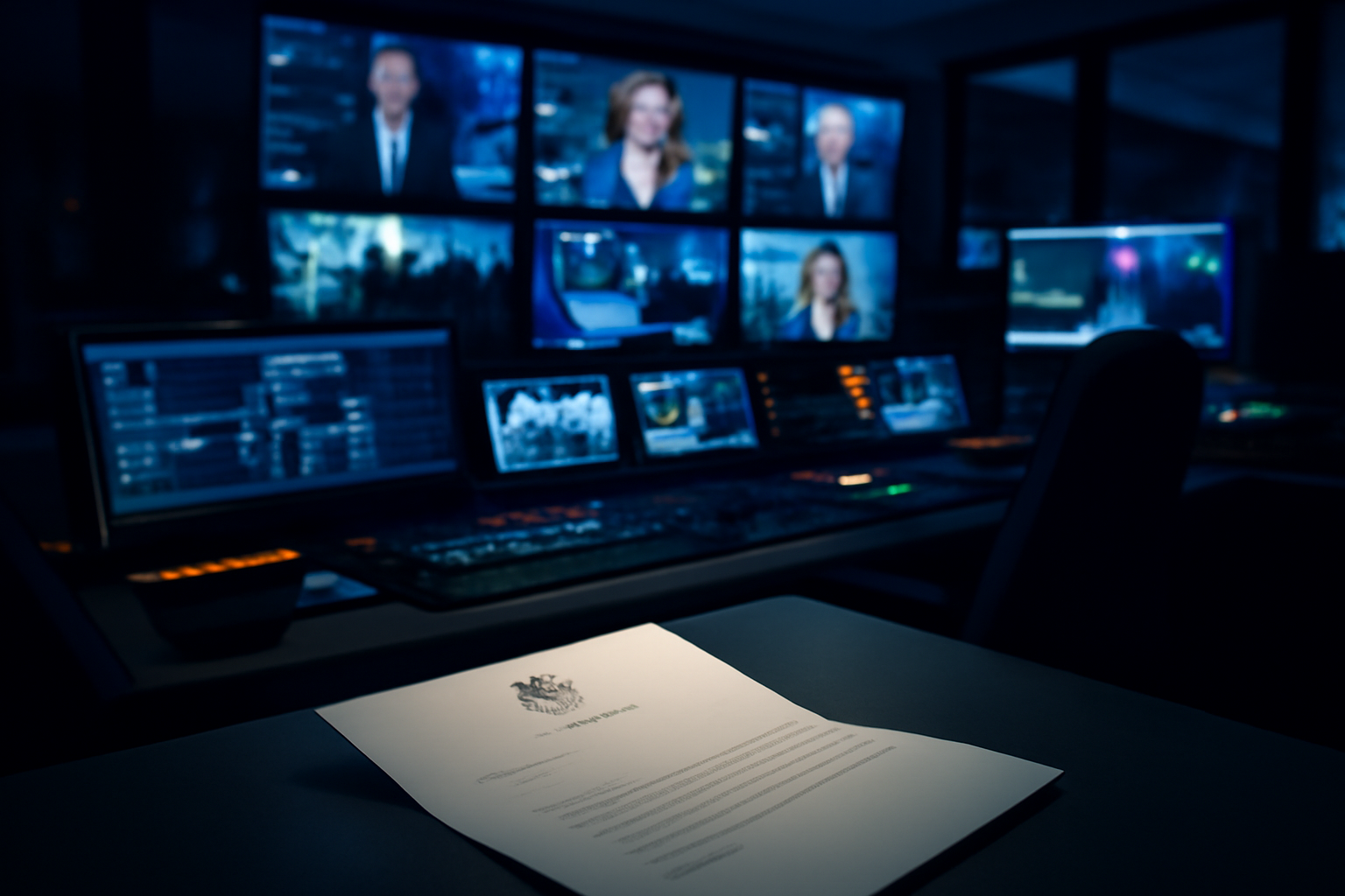 A television control room showing Sky and ITV broadcast logos on adjacent monitors