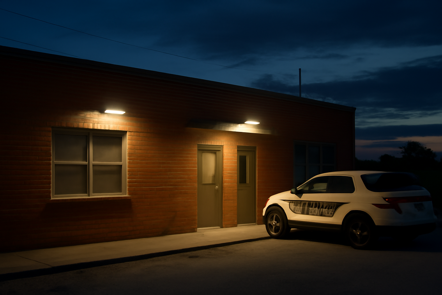 Exterior entrance of a county sheriff's office booking facility in Tennessee at dusk
