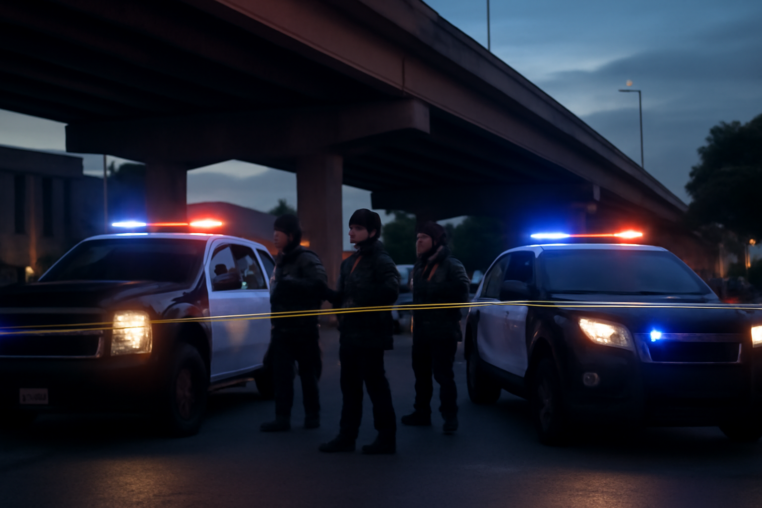 Police vehicles and officers gathered near a highway overpass in Austin, Texas, at the scene of a shooting investigation