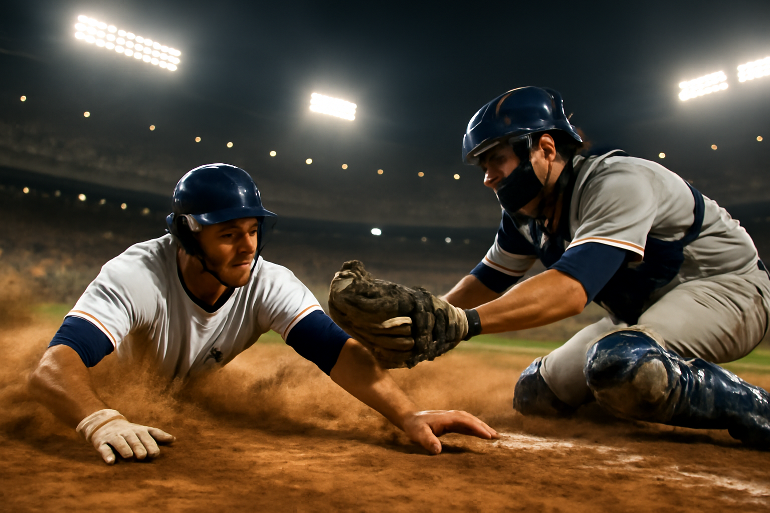 Baseball player sliding into home plate under stadium lights during a playoff game