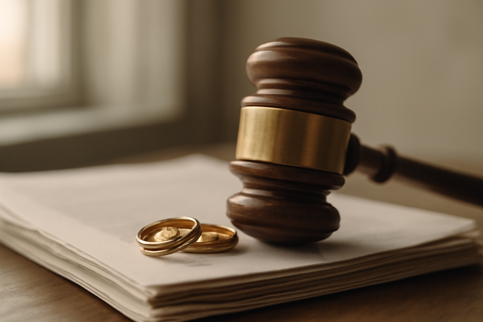 A gavel and wedding rings sit on top of a stack of legal paperwork on a wooden desk