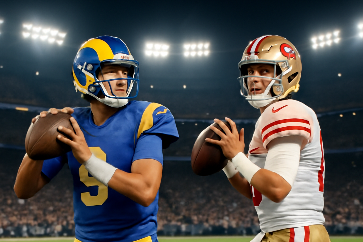 Two NFL quarterbacks in passing stances under Monday night stadium lights, one in blue and gold, one in white and red
