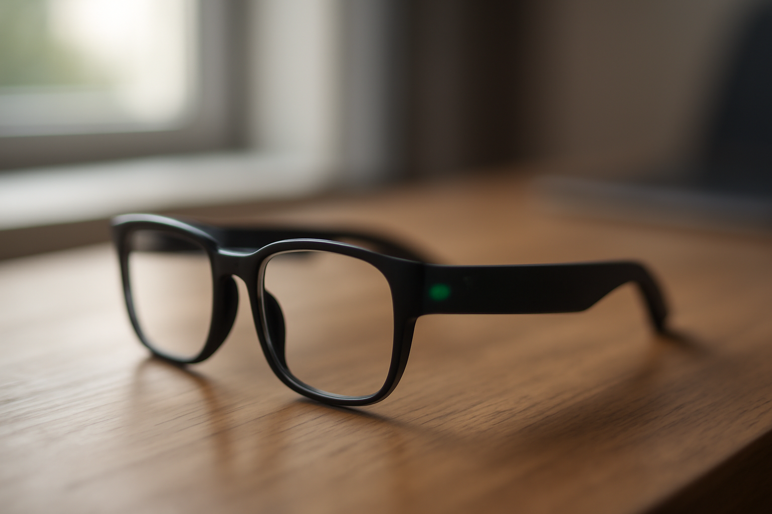 Close-up of smart glasses with a small recording indicator light visible on the frame