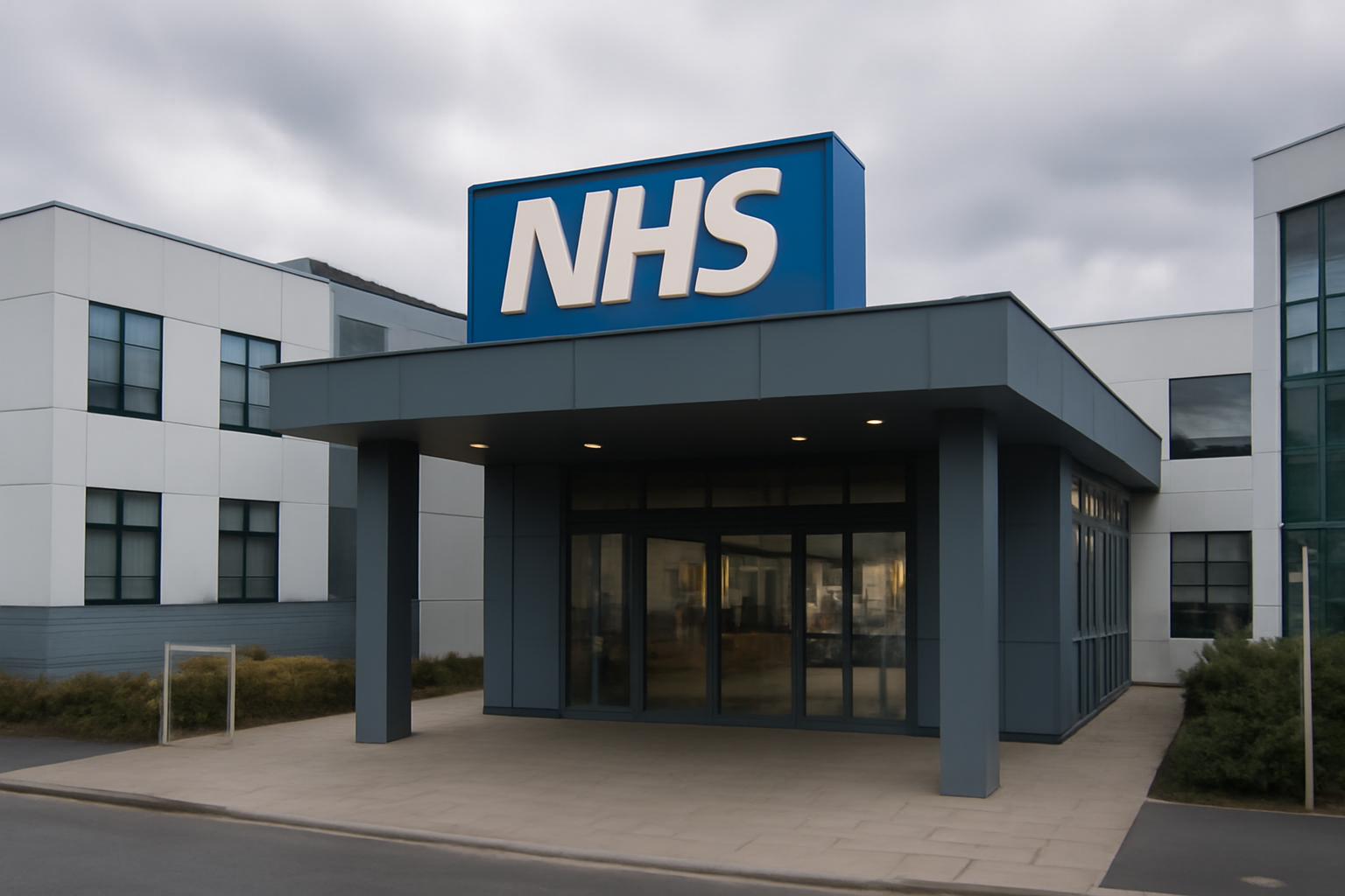 Exterior of an NHS hospital building with a sign reading East Suffolk and North Essex NHS Foundation Trust