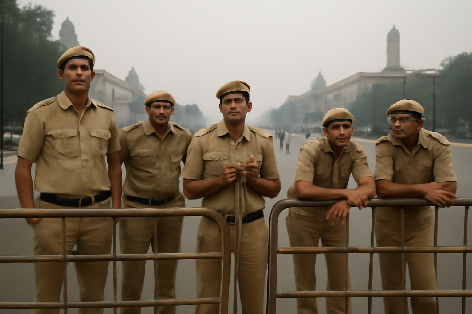 Police barricades line a wide avenue near government buildings in New Delhi
