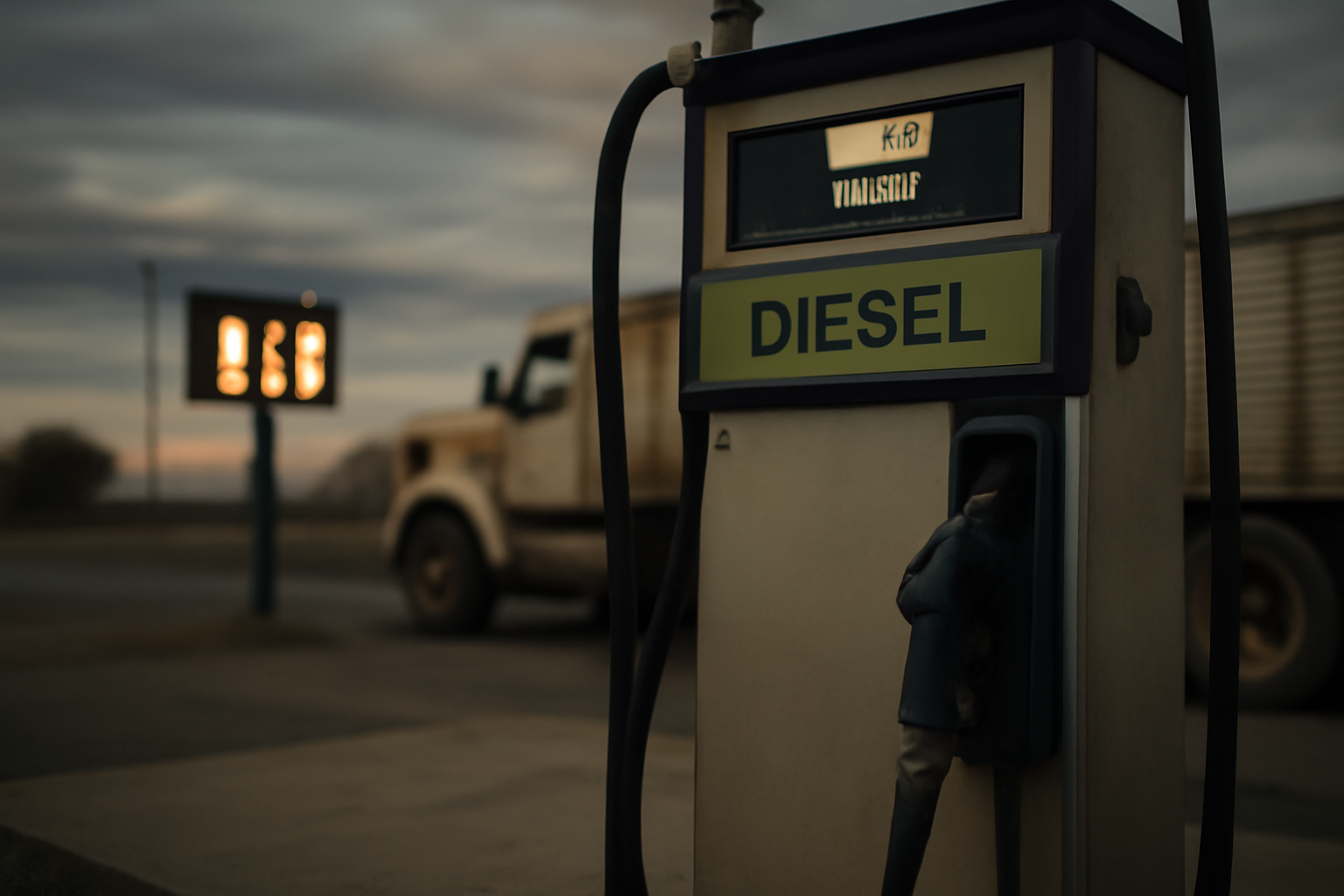 A diesel fuel pump display showing rising per-gallon prices at a Midwest gas station