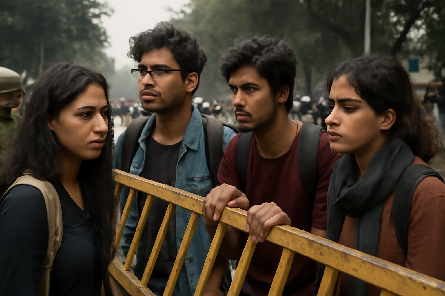 Young protesters facing a police barricade on an Indian city street
