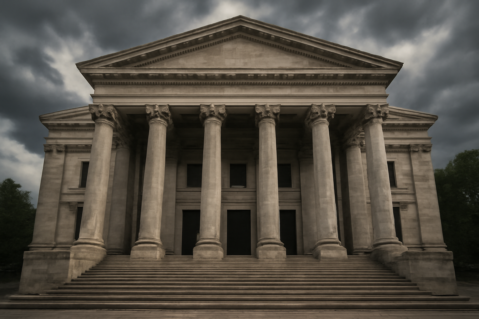A weathered stone government building facade with classical columns standing intact against a clouded sky