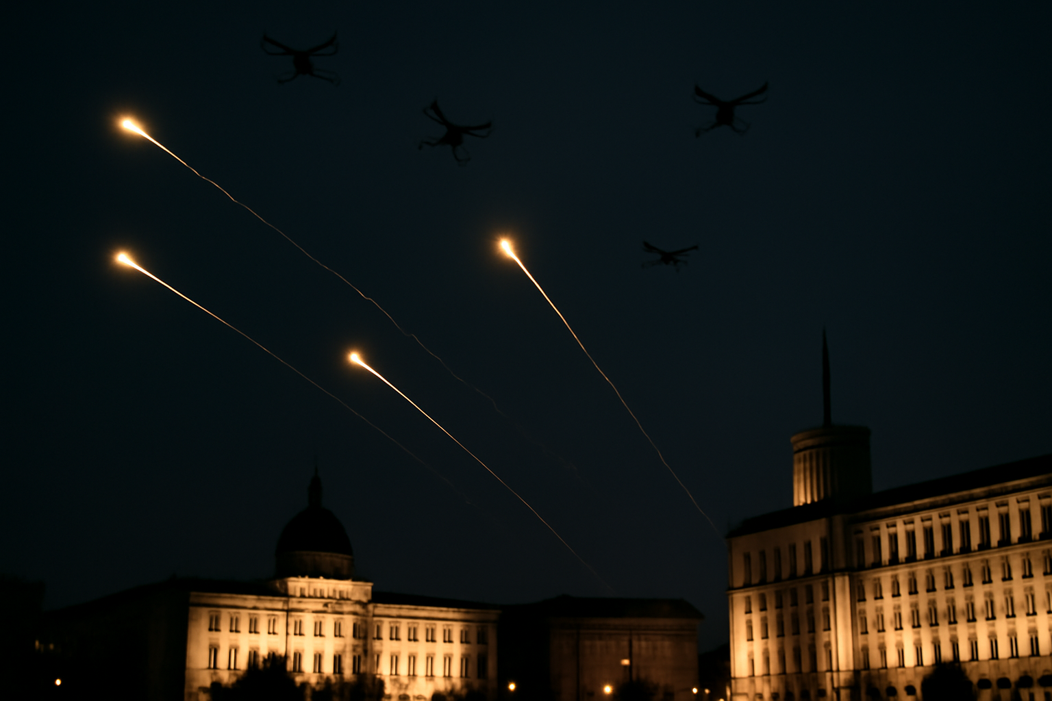 Air defense tracer fire streaking across a night sky over a city skyline