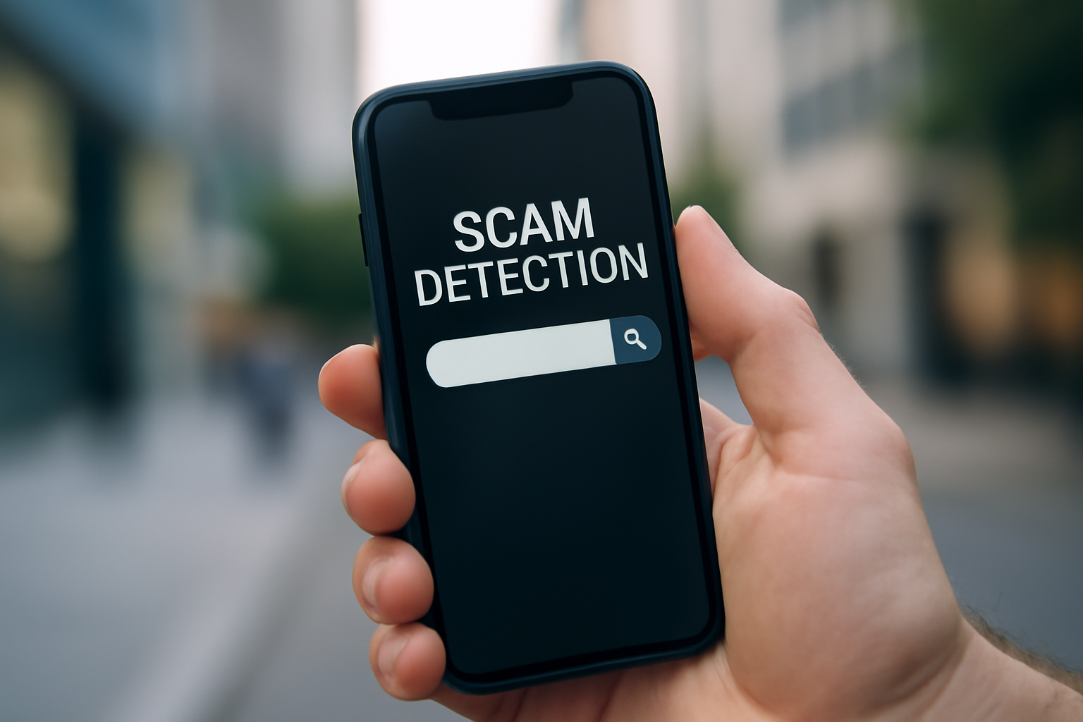 Smartphone screen showing a scam-checking web tool with a search bar for phone numbers and links