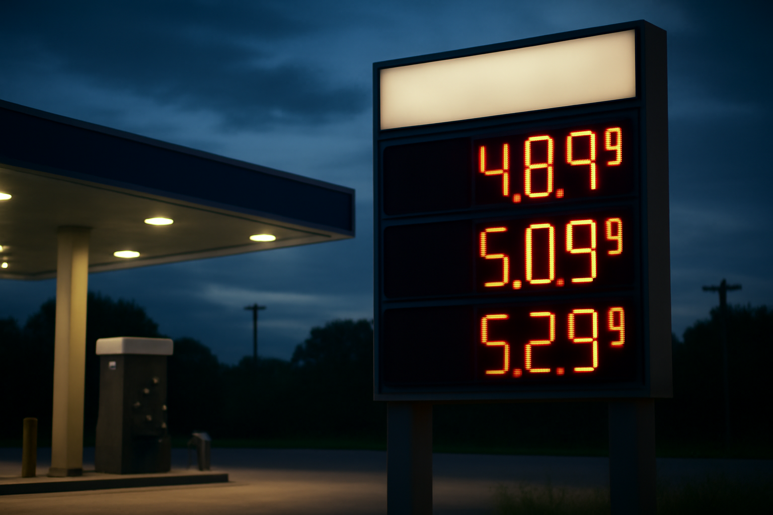 Gas station price sign showing rising fuel costs at dusk