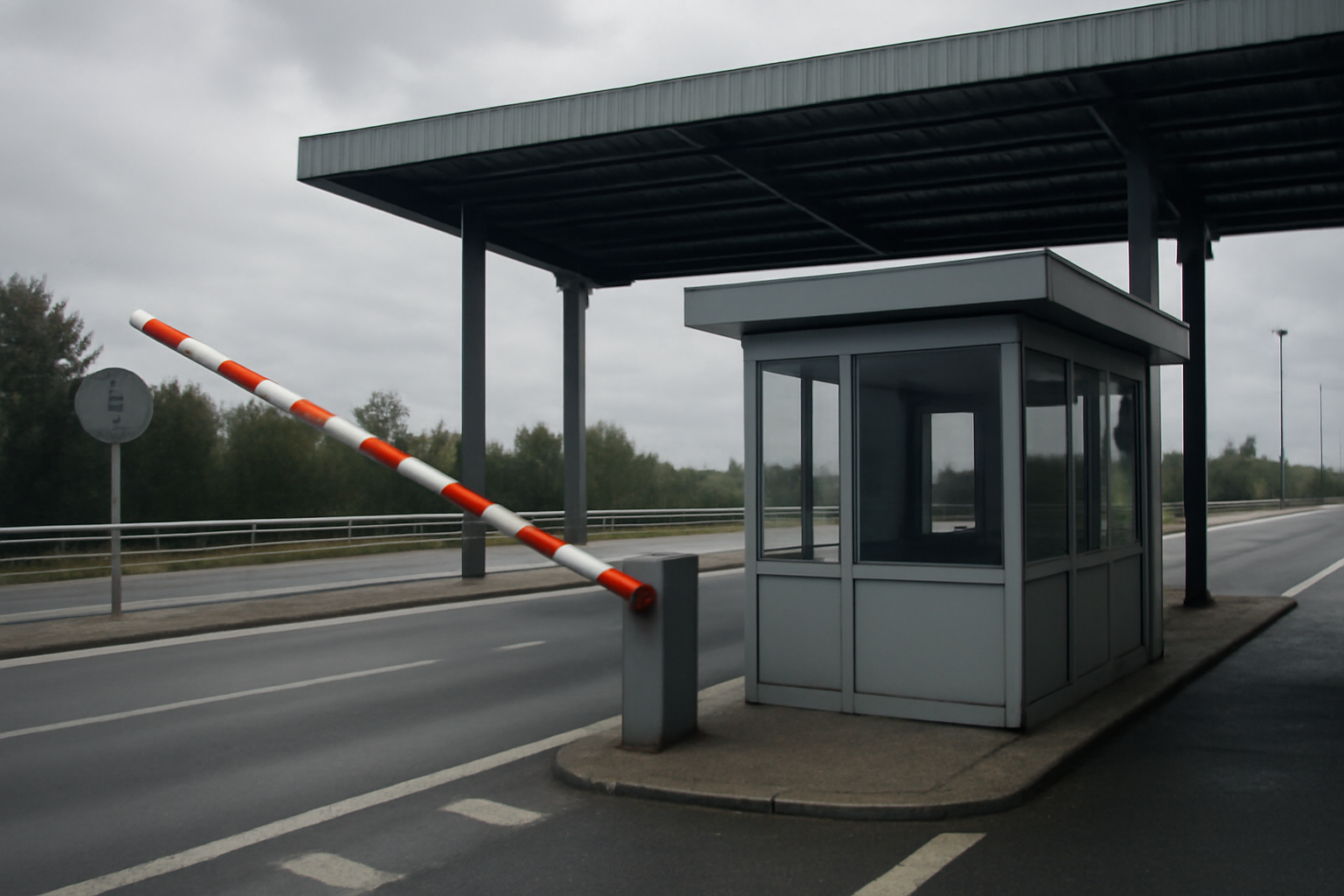 Empty European highway border checkpoint booth with a raised barrier arm