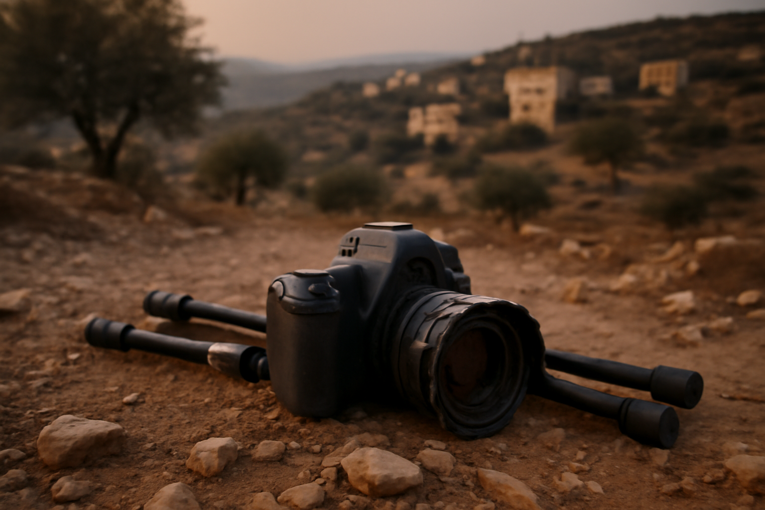 A photographer's camera equipment sits near a dirt road in the West Bank hills at dusk