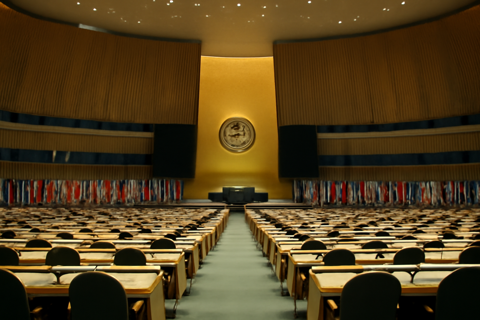 Empty United Nations General Assembly hall with delegate desks and flags in the background
