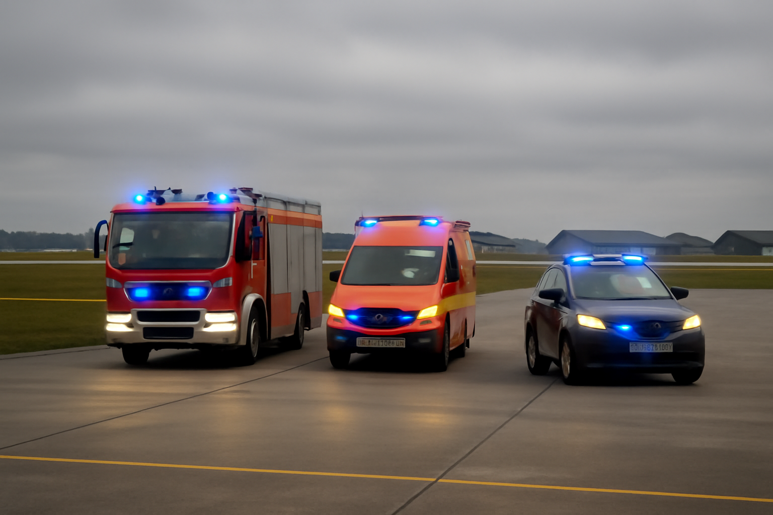 Emergency vehicles positioned near a runway at a military air base in Germany