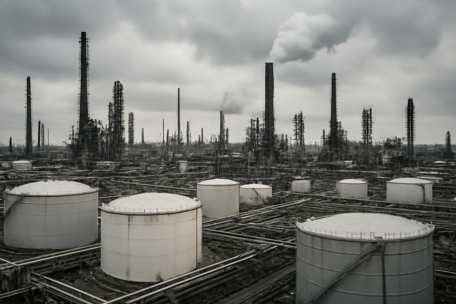 Exxon oil refinery storage tanks and pipelines under an overcast sky