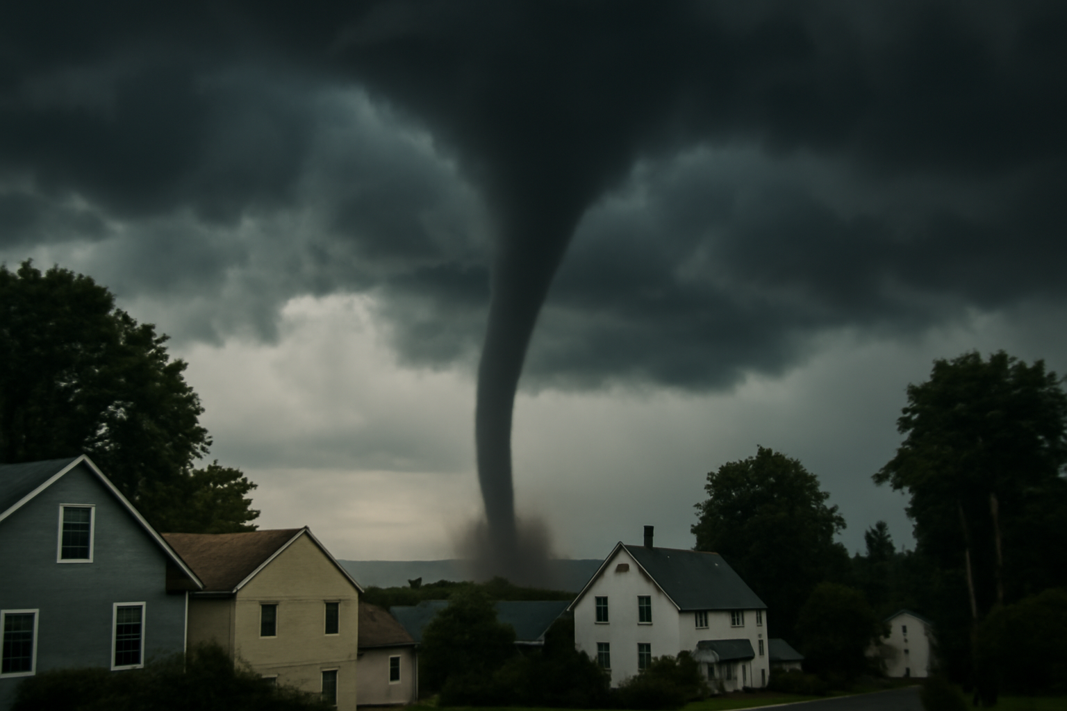 A tornado funnel crossing a residential street in a coastal Australian town