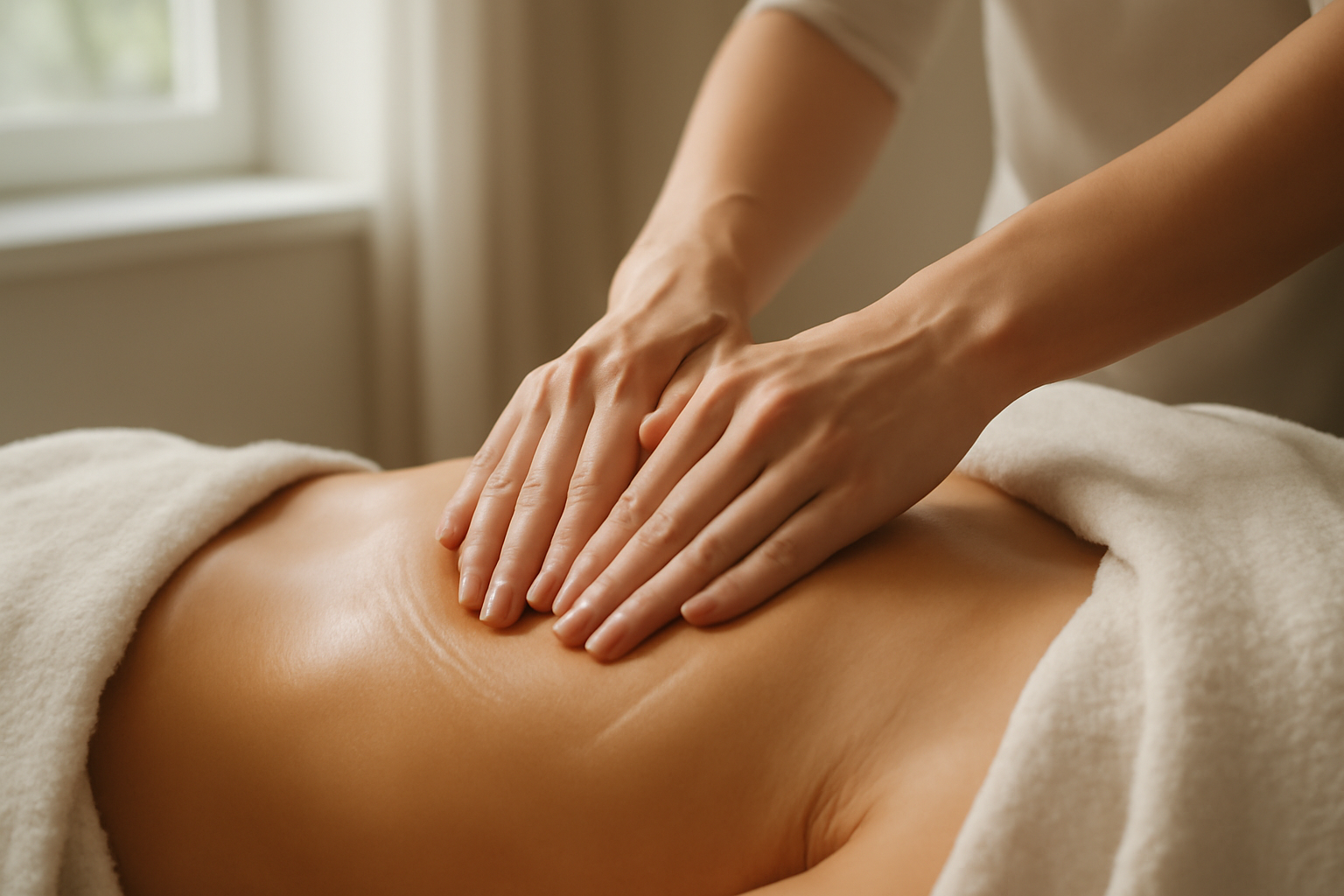 Close-up of hands performing a circular massage technique on a person's abdomen with oil