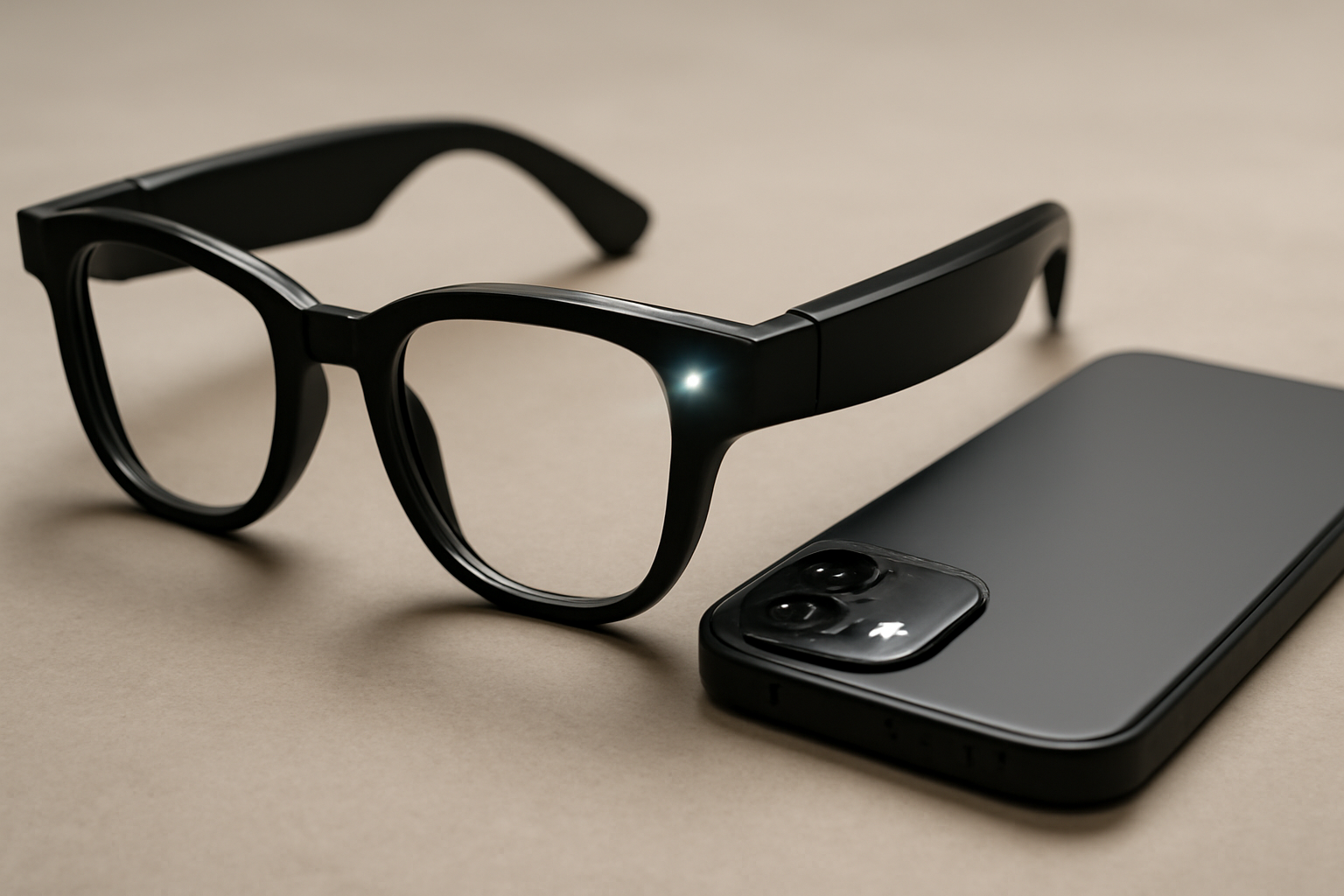 Close-up of Ray-Ban Meta smart glasses with a small recording indicator light next to a smartphone camera lens