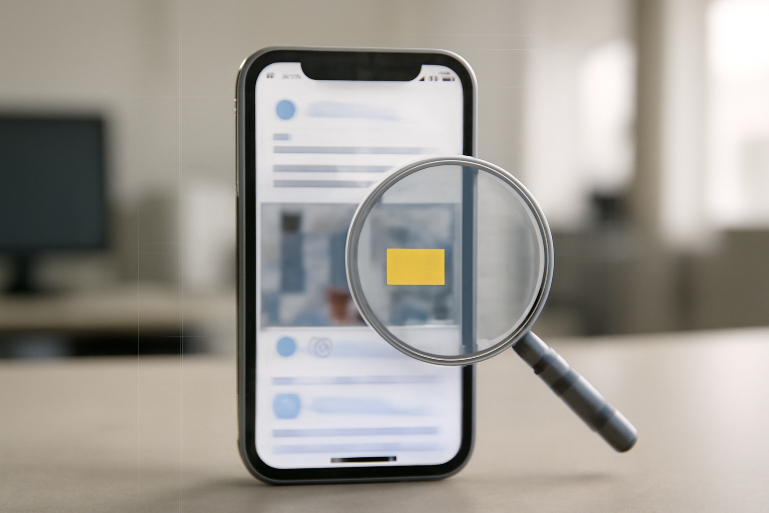 Smartphone screen showing a social media ad feed with a magnifying glass icon overlay