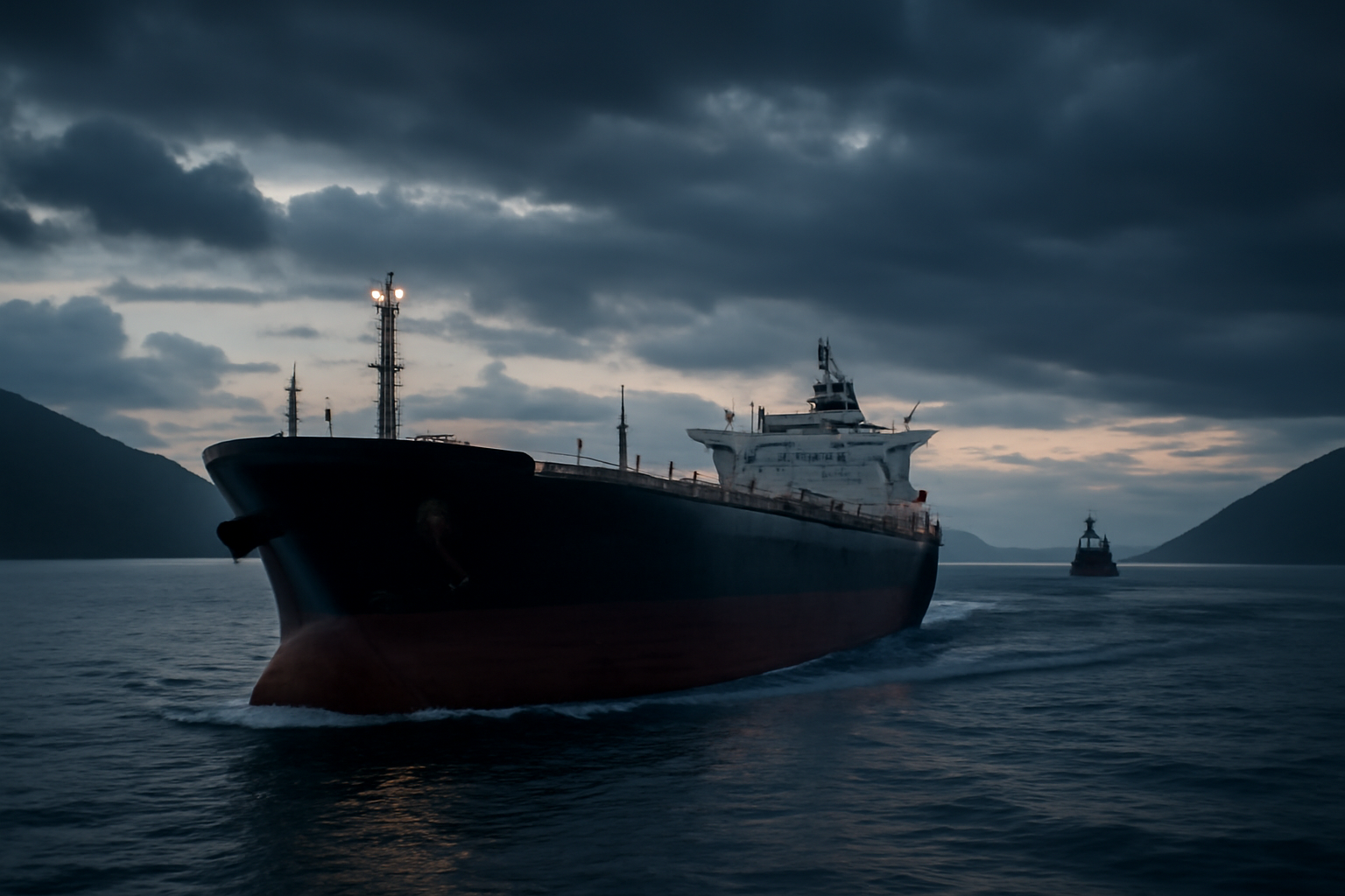 A very large crude carrier tanker navigating a narrow strait with a military patrol vessel visible in the distance