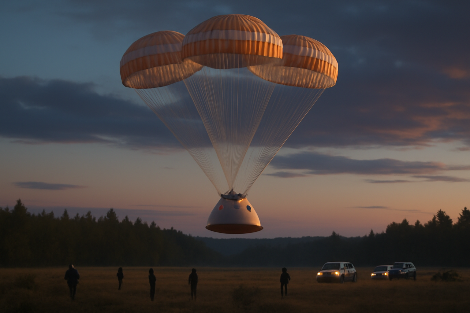 A crew capsule mockup undergoing parachute testing above a remote landing field