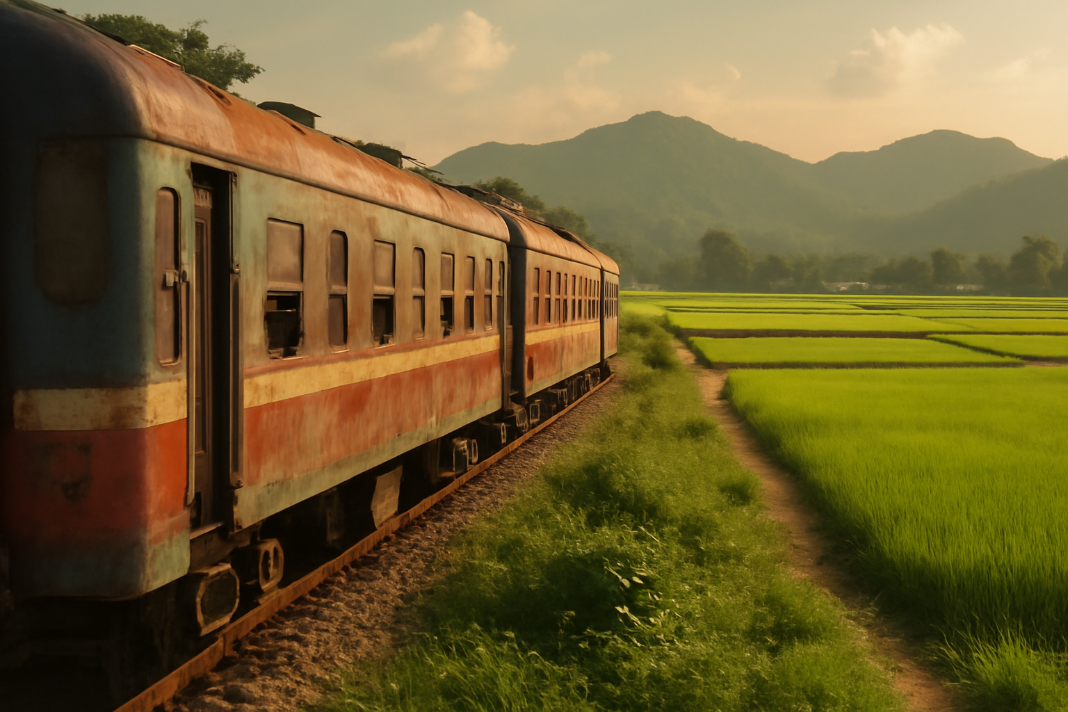 An aging passenger train travels through Vietnamese countryside between Hanoi and Ho Chi Minh City