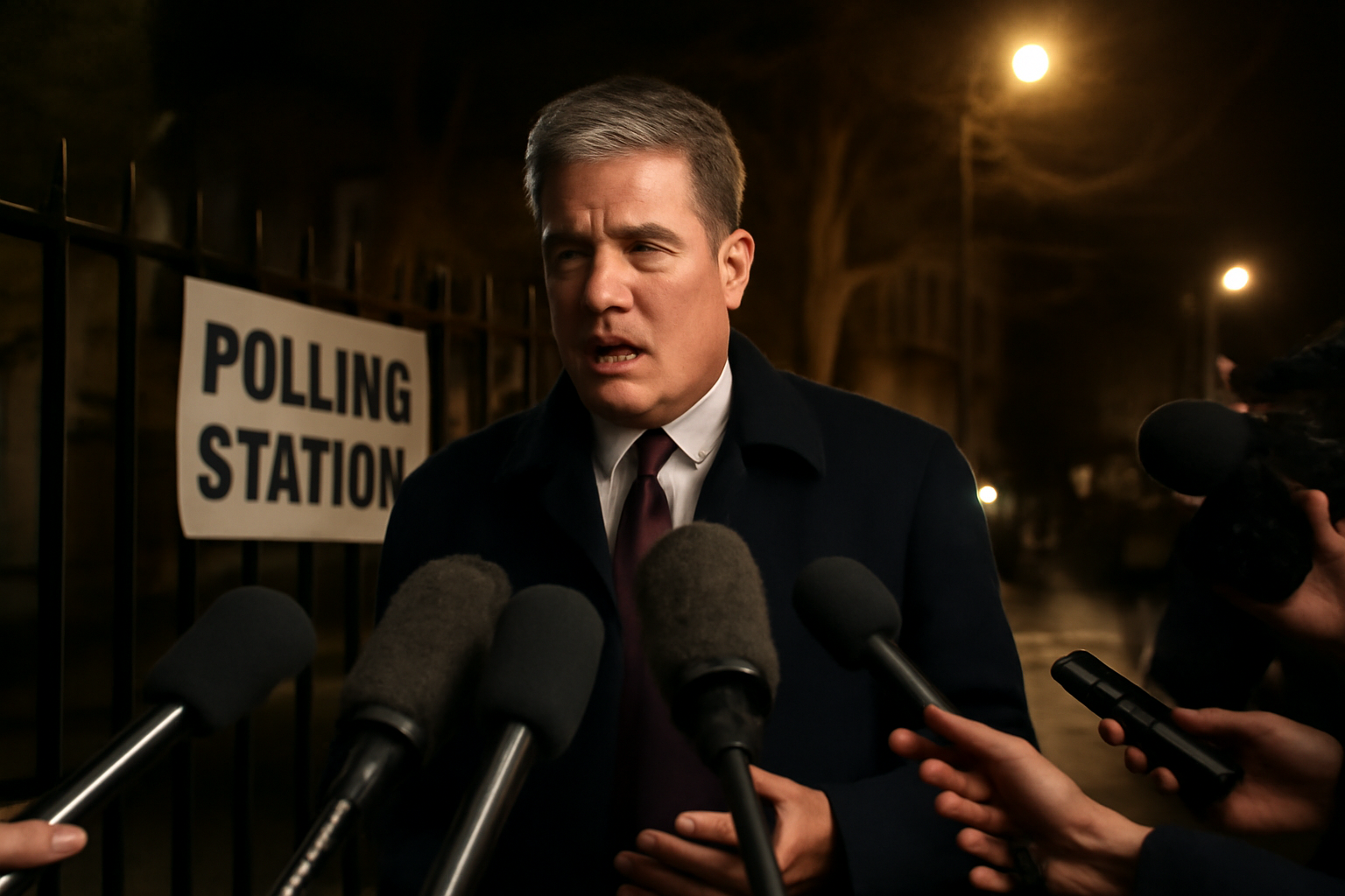 A politician speaking into microphones outside a UK polling station on by-election night