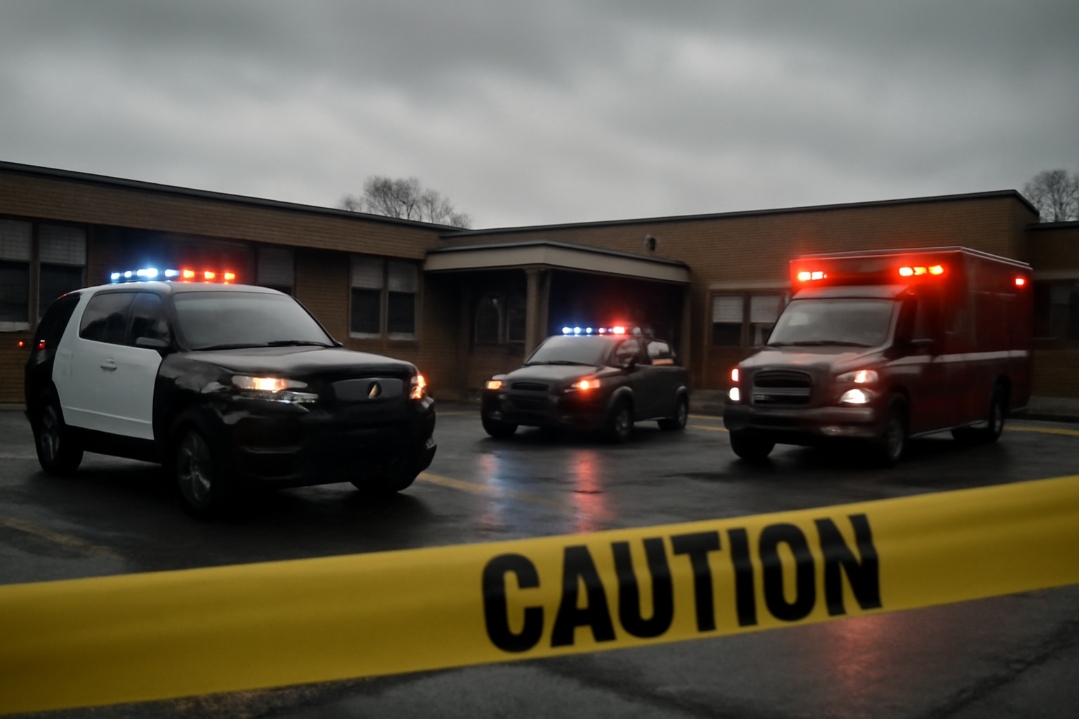 Police vehicles with lights on parked outside a one-story elementary school building