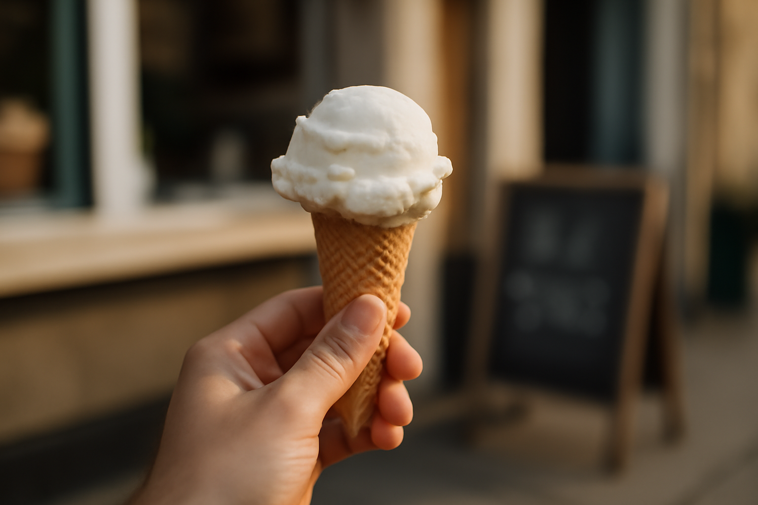 A hand holding an ice cream cone in front of a blurred storefront price sign